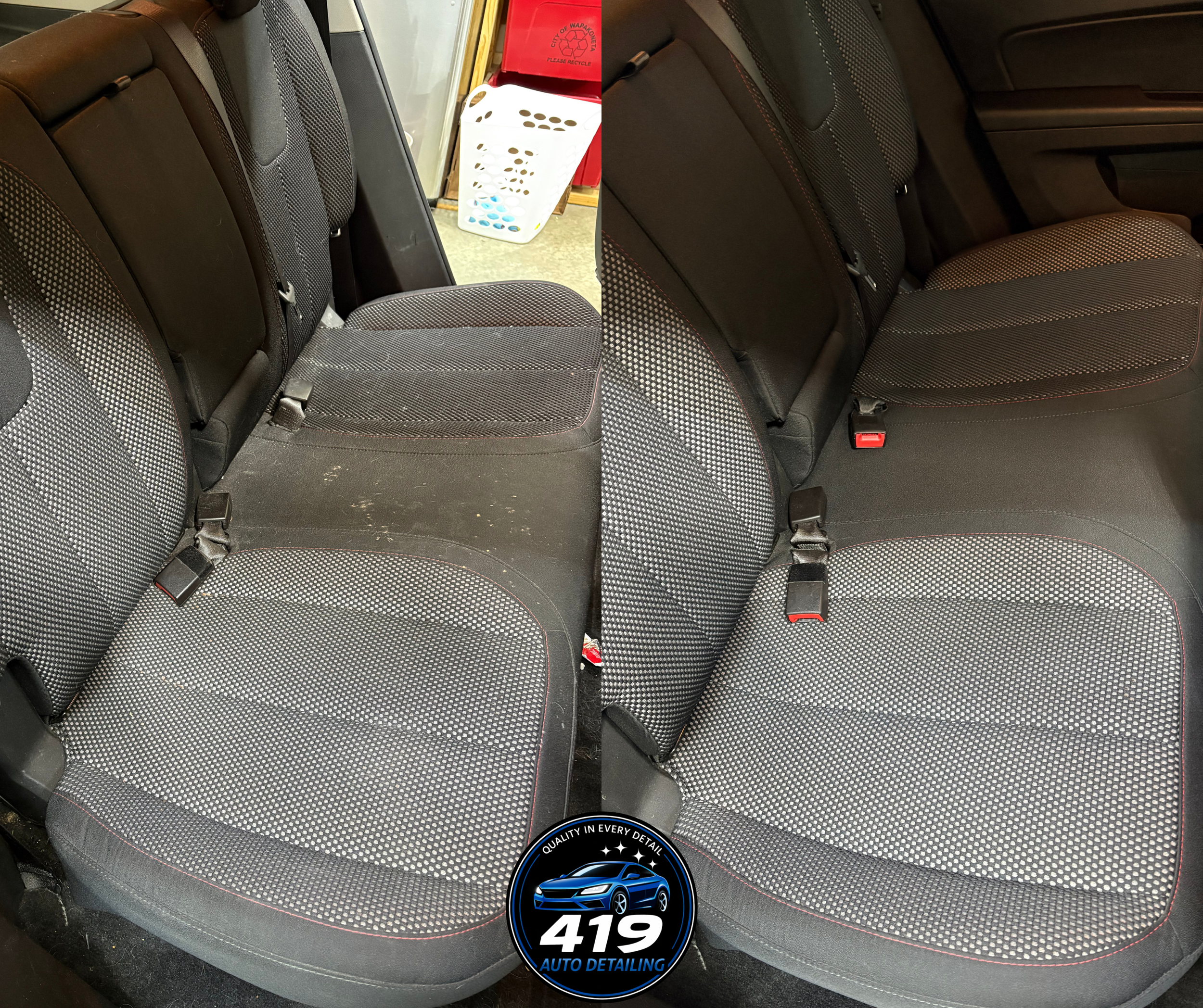 Side-by-side comparison of vehicle back seats before and after cleaning. The left side shows dusty, dirty seats, while the right side shows clean, vacuumed seats with visible fabric pattern and red stitching.