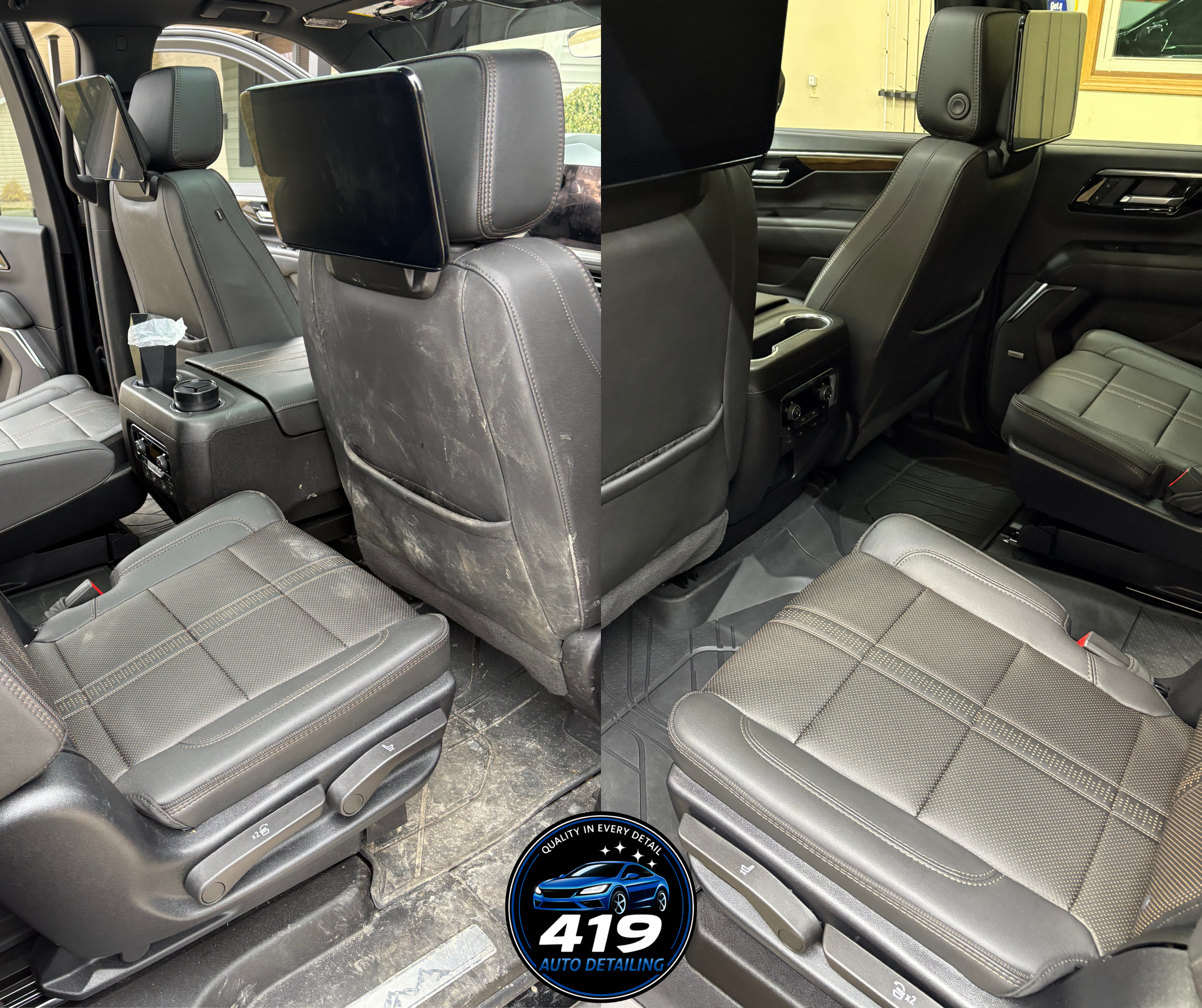 Side-by-side comparison of car interior before and after cleaning, showing seats and backrests. The left side depicts a dirty interior with visible dust and grime, while the right side shows a clean, polished interior. The logo of 419 Auto Detailing 