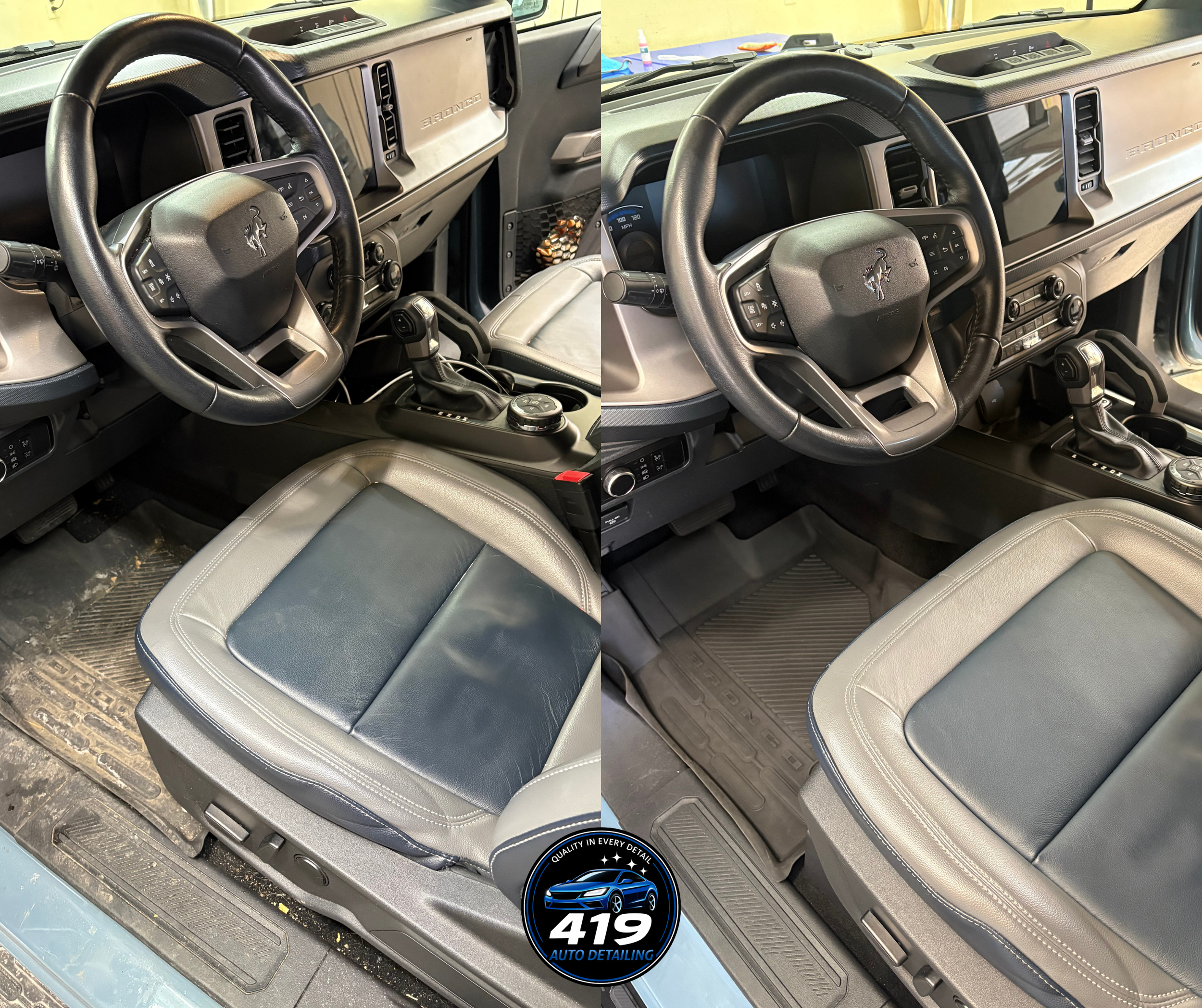 Side-by-side comparison of a vehicle's interior before and after cleaning; both images show the dashboard, steering wheel, and driver's seat, with the after image appearing cleaner and more polished.