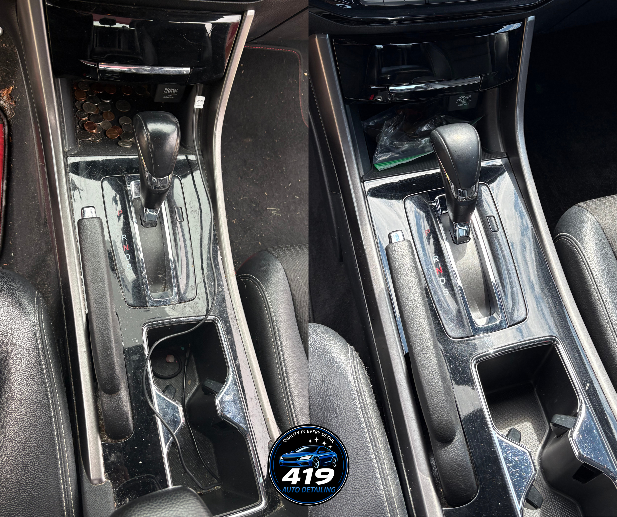 The photo shows the center console of a car with a gear shift, a USB port, and a coin holder containing coins. There is also a power outlet and some plastic bags. The car's interior is black with chrome accents. A sticker with a car logo and the numb