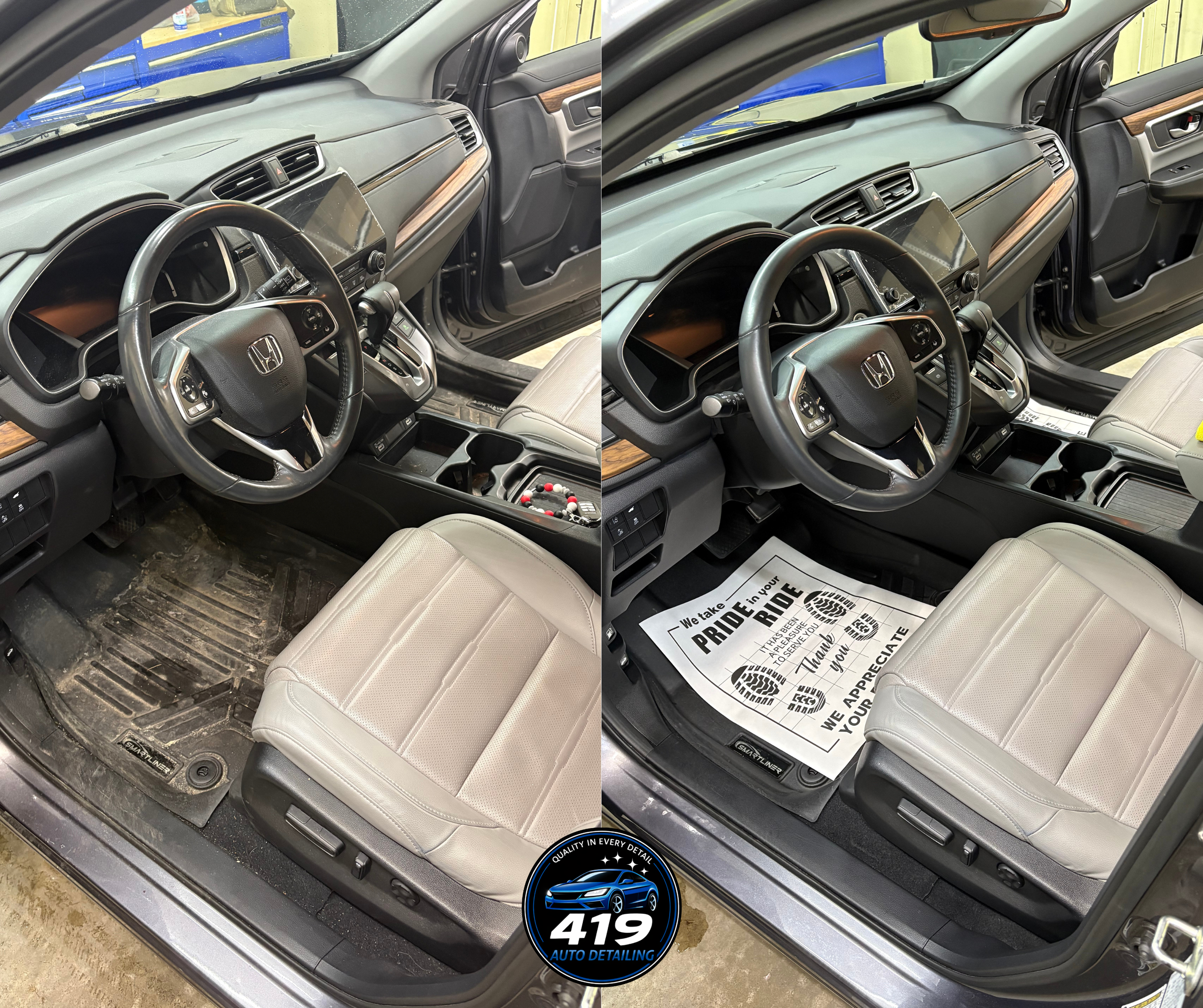Comparison of a car interior before and after cleaning. The left side shows a dirty, dusty car floor and seat, while the right side shows a clean, vacuumed floor with a paper mat that says "We take pride in your ride". The car is a Honda, with a beig