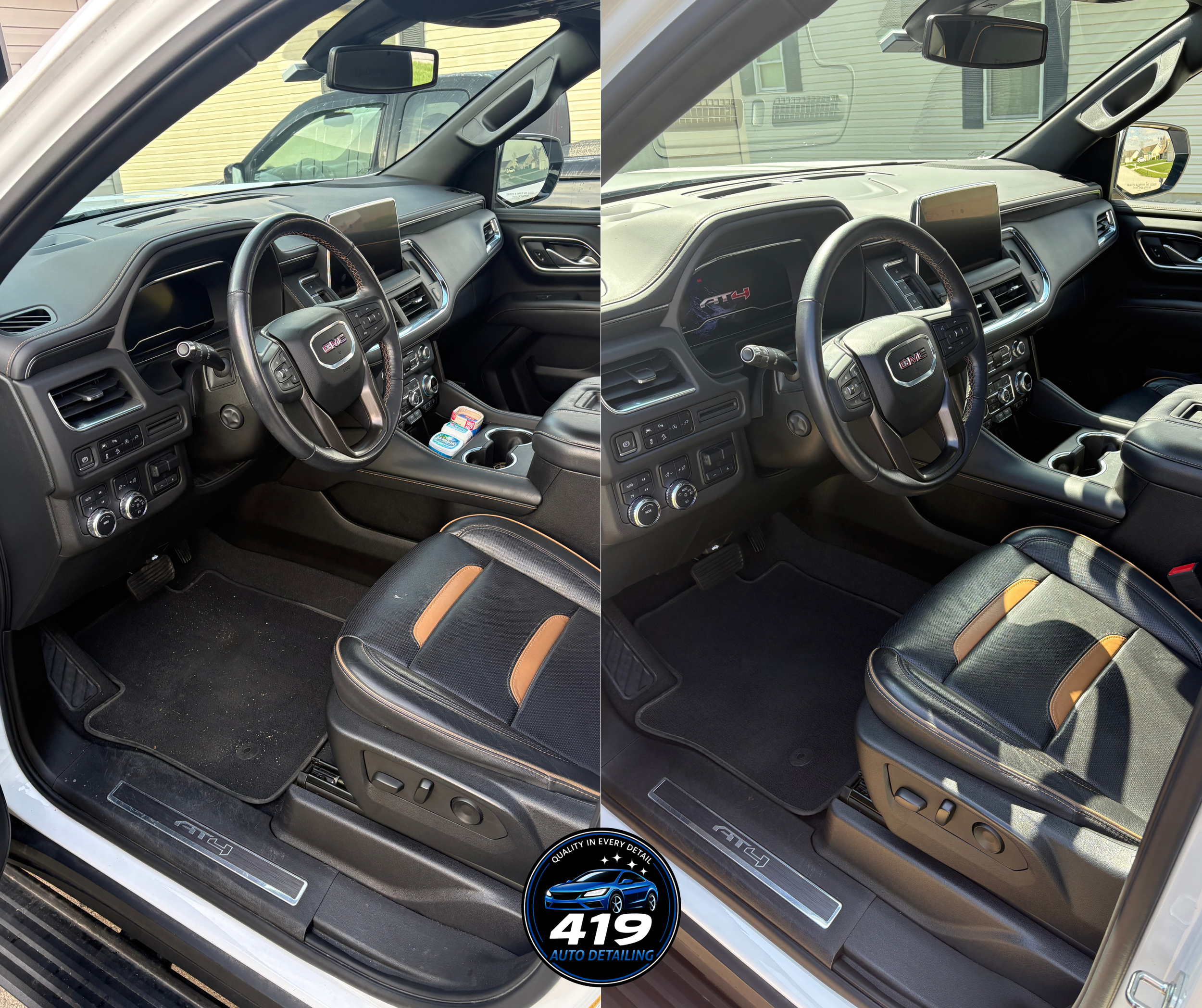 Interior of a GMC vehicle showing the dashboard, steering wheel, and front seats. The dashboard displays a digital gauge cluster and an infotainment screen. There are items in the center console. The vehicle has black interior with leather and plasti