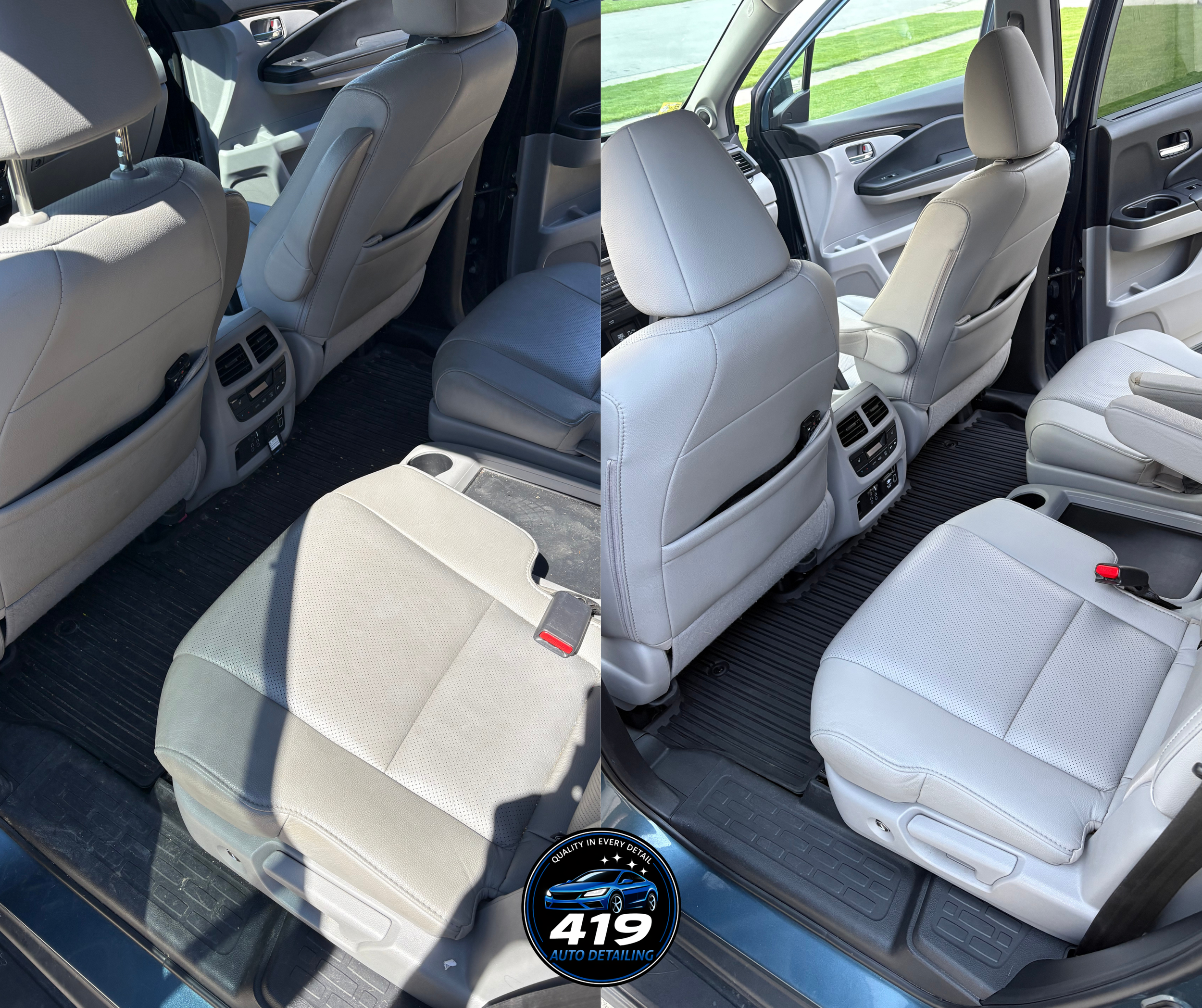 Interior view of a car showing the back seats and front seats with light-colored upholstery, black floor mats, and some house exterior visible through the side windows.