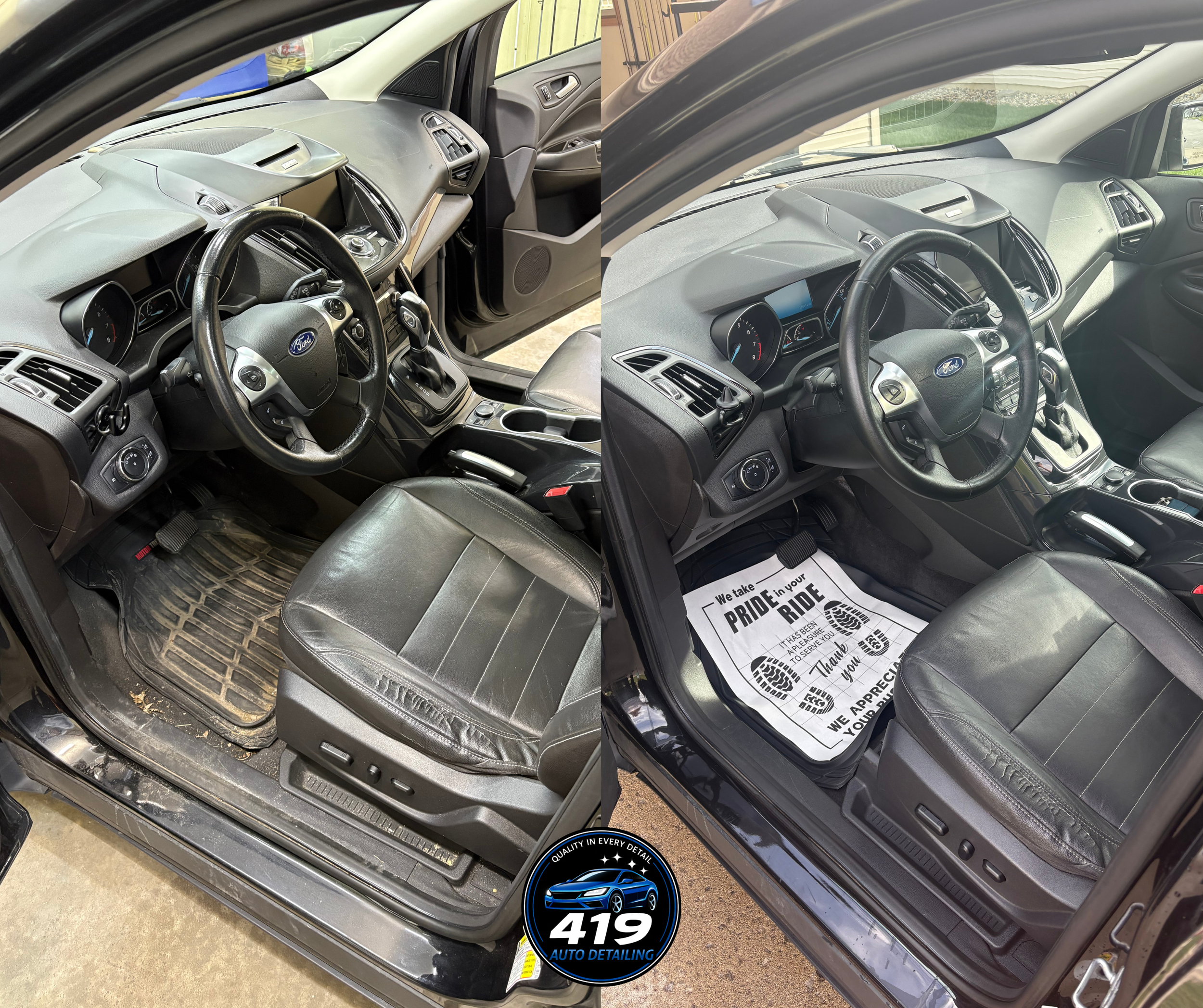 Comparison of the interior of a car before and after cleaning, showing the driver's seat, steering wheel, and dashboard with a cloth on the floor mat that reads 'We take PRIDE in your RIDE'