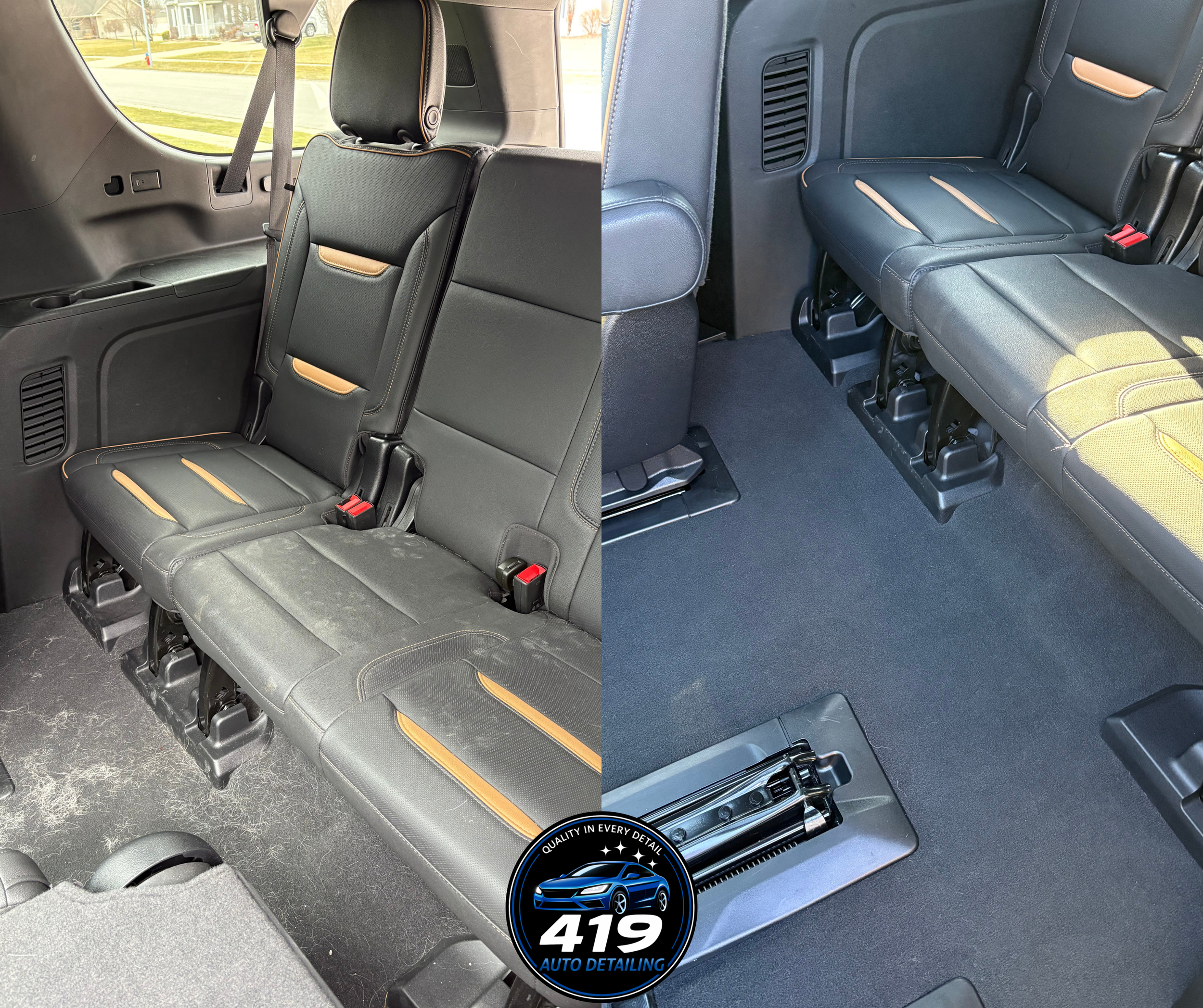 Comparison of car interior seats; the left side shows seats with dirt and stains, while the right side shows cleaned and spotless seats. The logo of 419 Auto Detailing is at the bottom center.