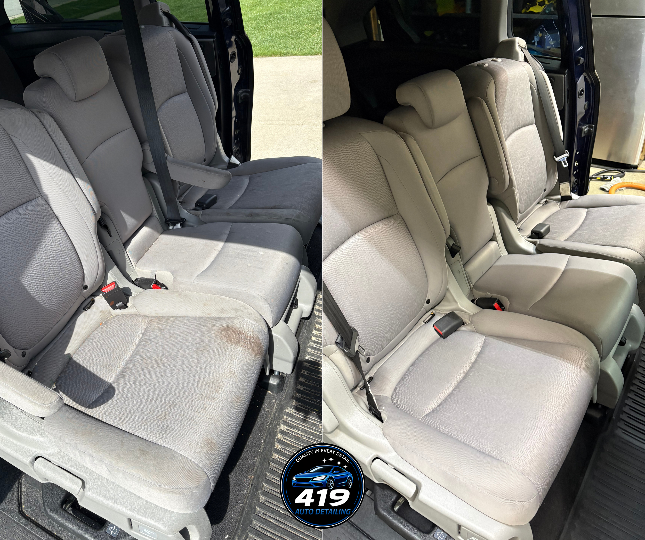 Side-by-side comparison of car interior seats before and after cleaning; the left side shows dirty, stained seats, while the right side shows clean, spotless seats, with the auto detailing logo at the bottom center.
