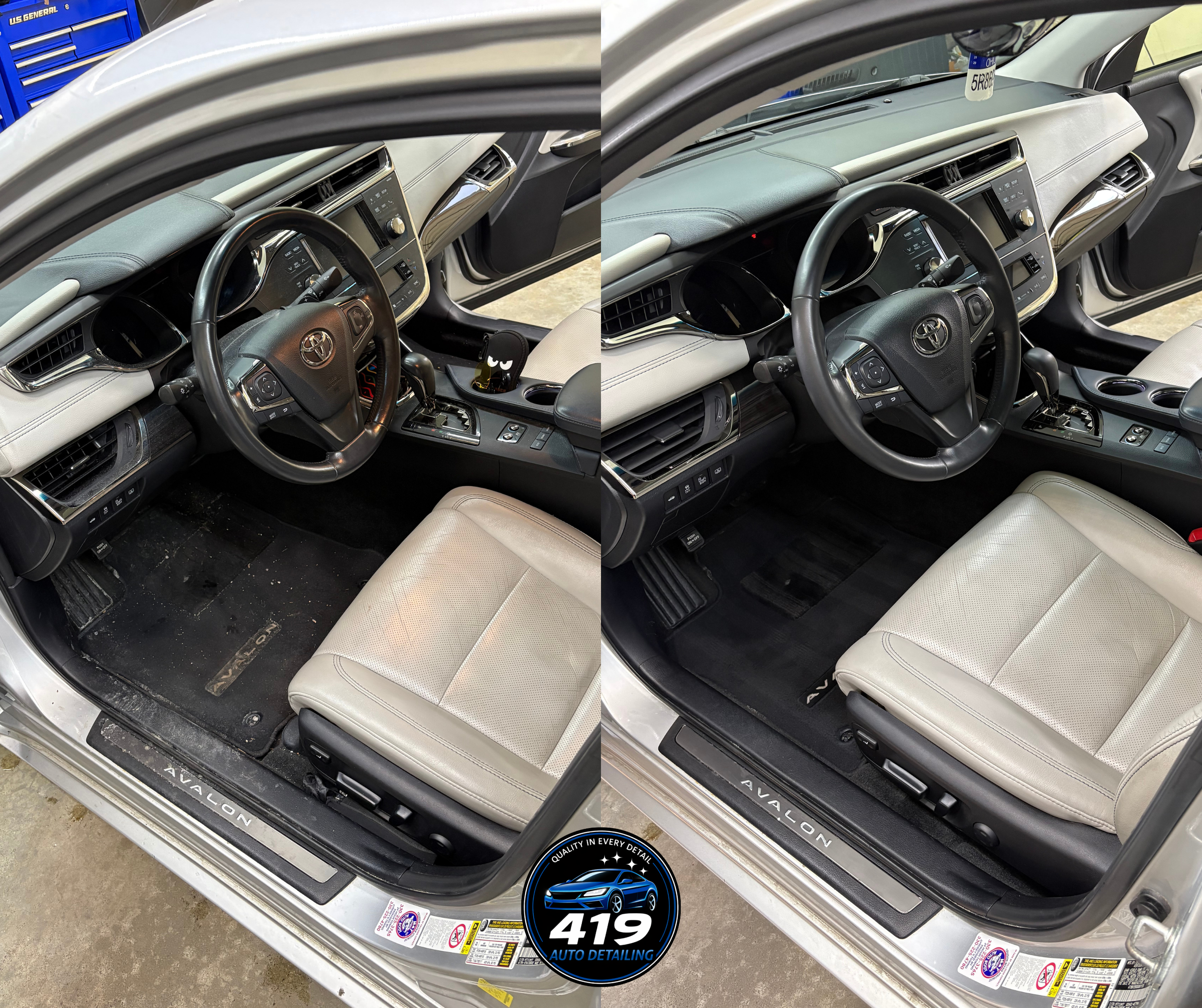 Comparison of the interior of a Toyota Avalon, showing before and after auto detailing. The left side shows the car's interior before cleaning, with dirt and debris on the floor mat and seats. The right side shows the interior after cleaning, with a 