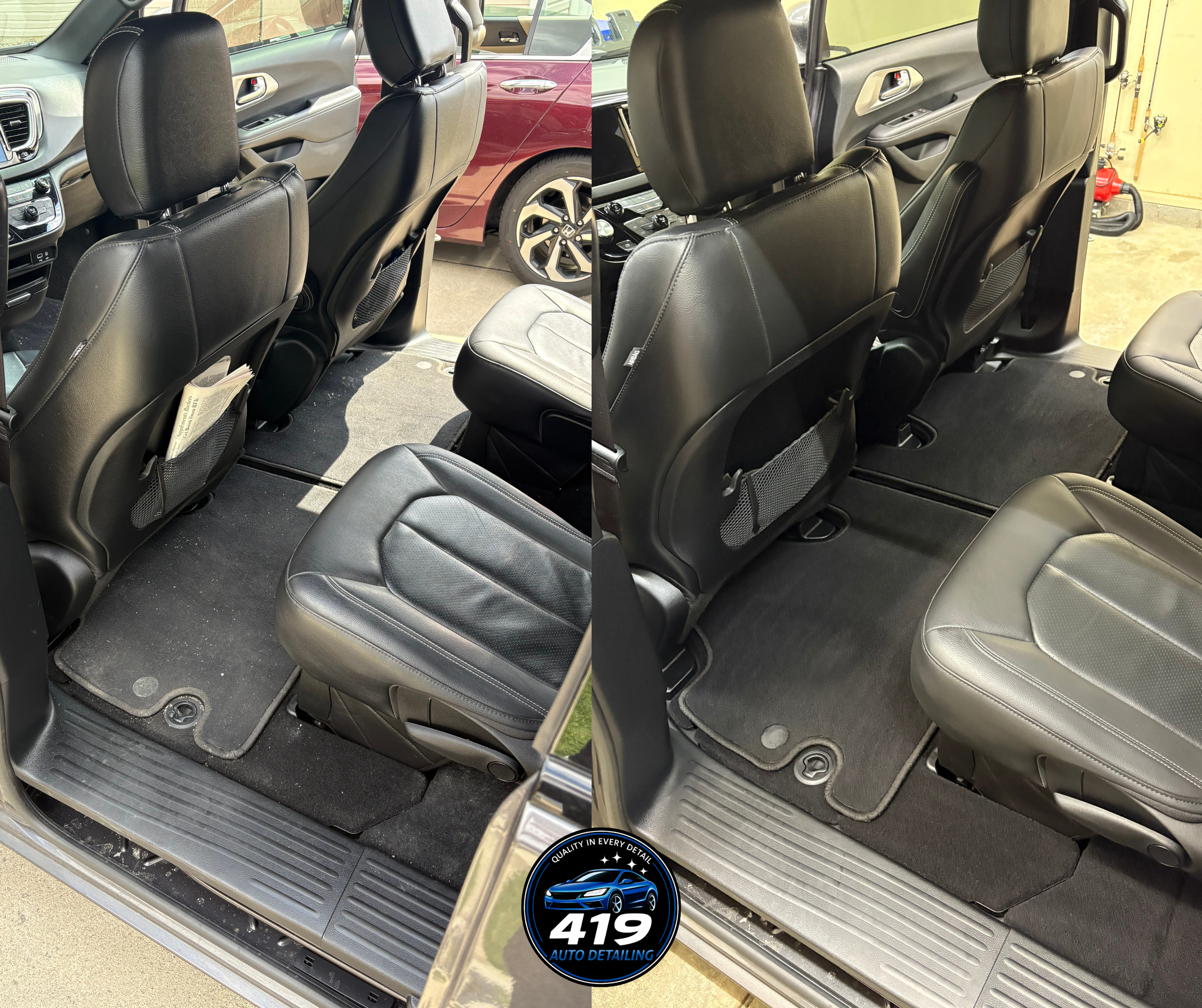 Side view of the backseat area of a car with black leather seats, showing the rear of the front seats and floor mats. A red vehicle is visible outside through the window.