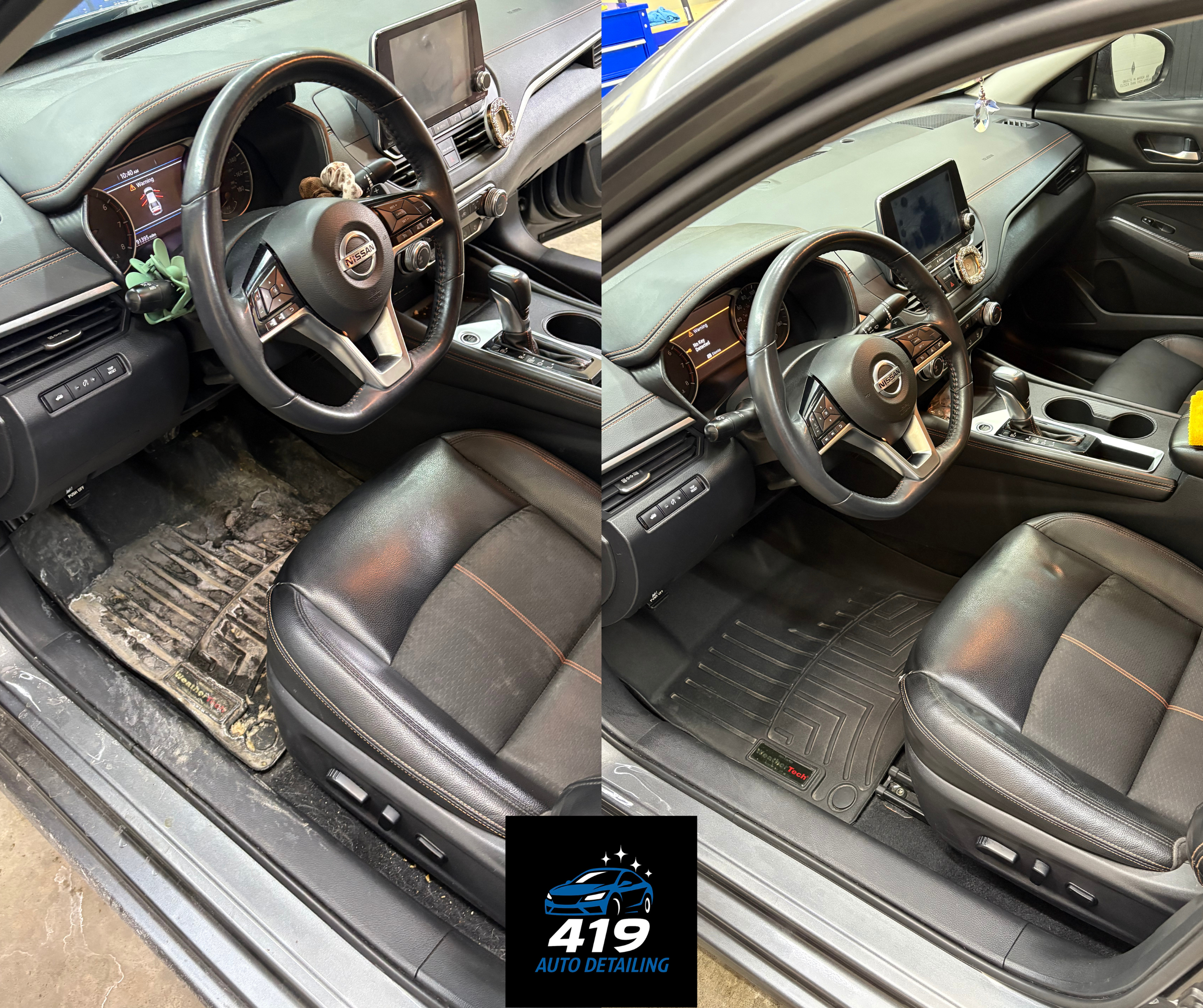 Side-by-side comparison of a car interior before and after cleaning. The left shows a dirty, dusty, and stained car floor, while the right depicts a clean and polished interior with tidy floor mats. The dashboard, steering wheel, and seats are visibl