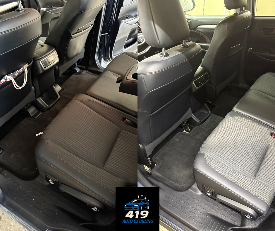 Side-by-side comparison of car interior seats before and after cleaning, showing improved cleanliness and appearance after auto detailing.