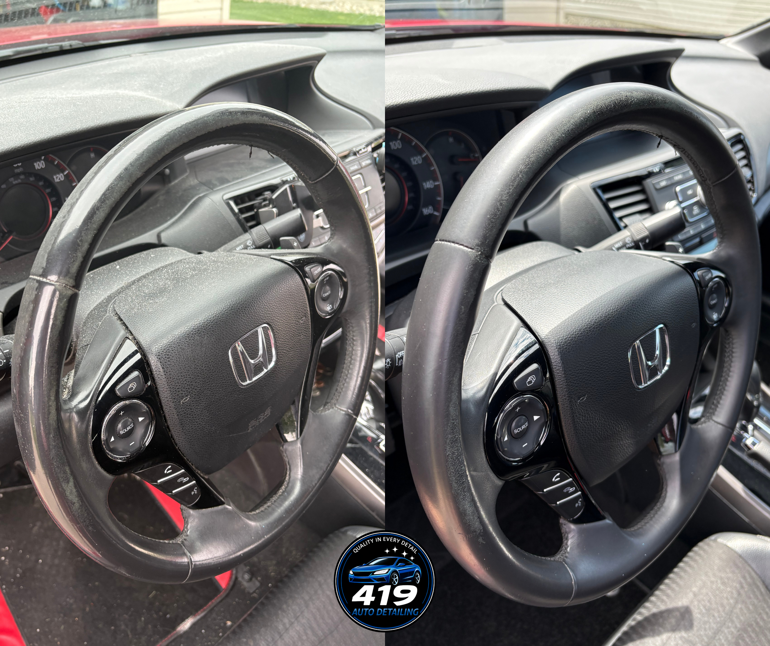 Side-by-side comparison photo of a car dashboard seen through the windshield, showing the speedometer and other gauges, with a focus on the steering wheel, which appears worn and damaged, possibly cracked or peeling.
