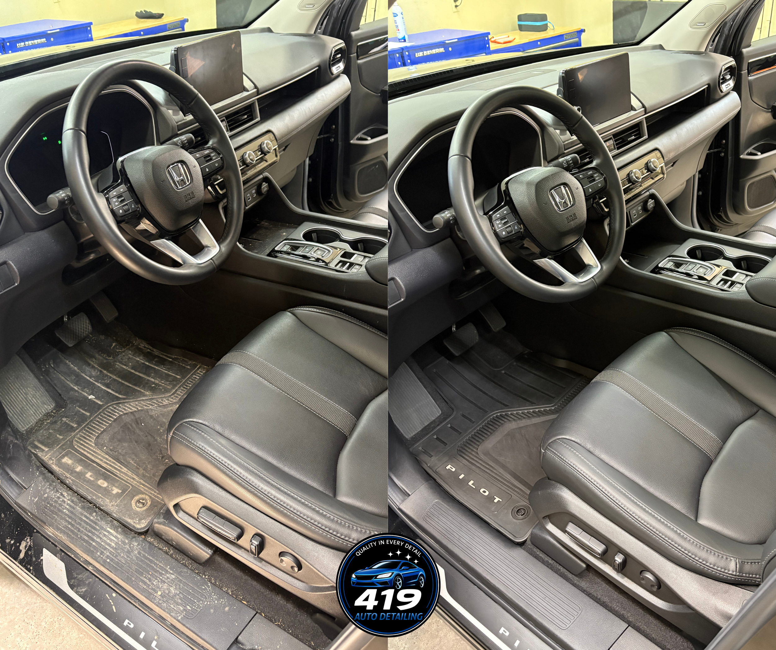 Comparison of a Honda vehicle's interior before and after cleaning, showing the dashboard, steering wheel, driver's seat, and floor mats.
