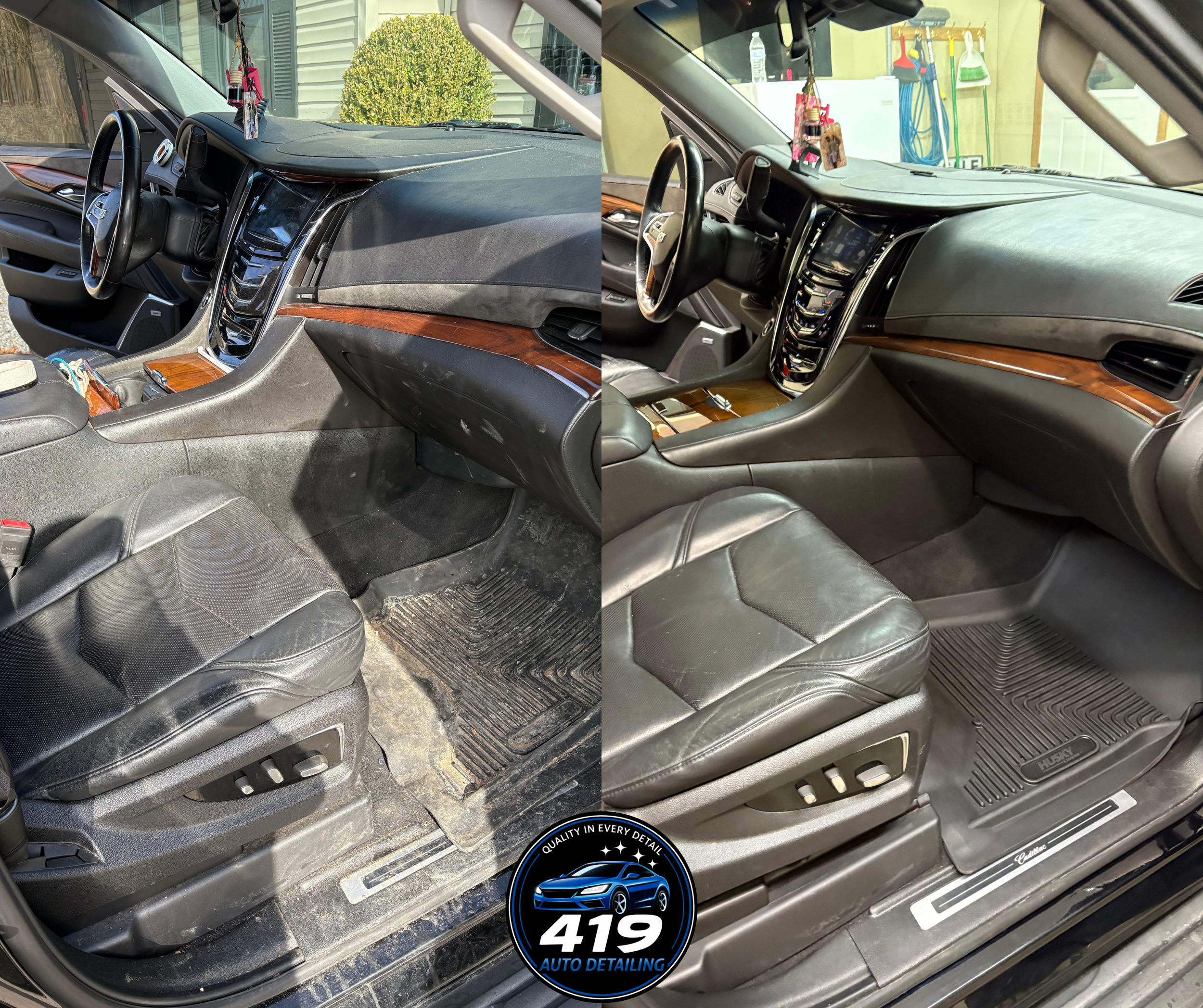 Side-by-side comparison of a car interior before and after cleaning, showing the driver's side with improved cleanliness and shine after detailing, with the logo of 419 Auto Detailing at the bottom center.