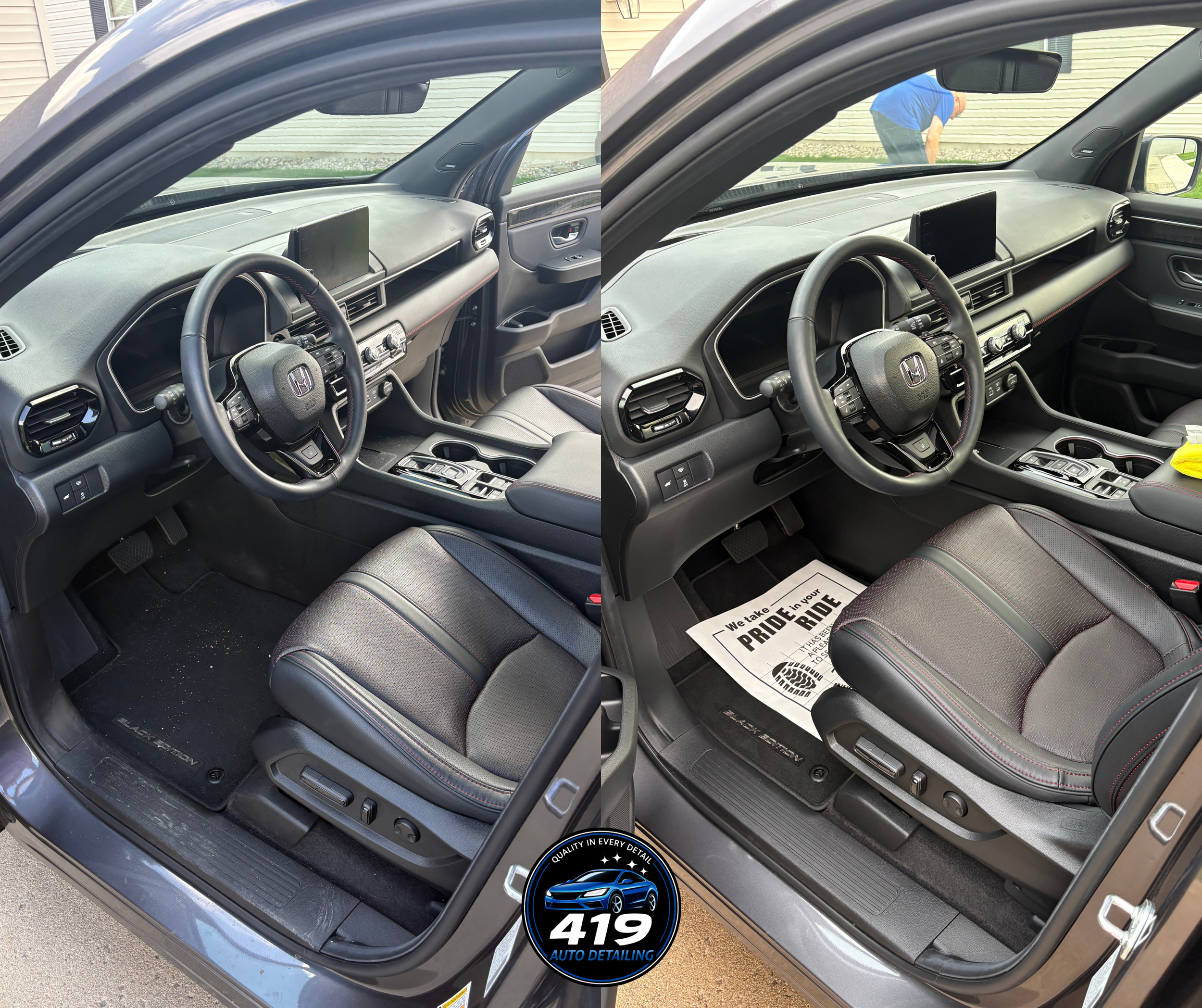 Interior of a black Honda vehicle showing the dashboard, steering wheel, and front seats. The dashboard features a digital display, and the seats are black with red stitching. The vehicle appears clean and well-maintained.