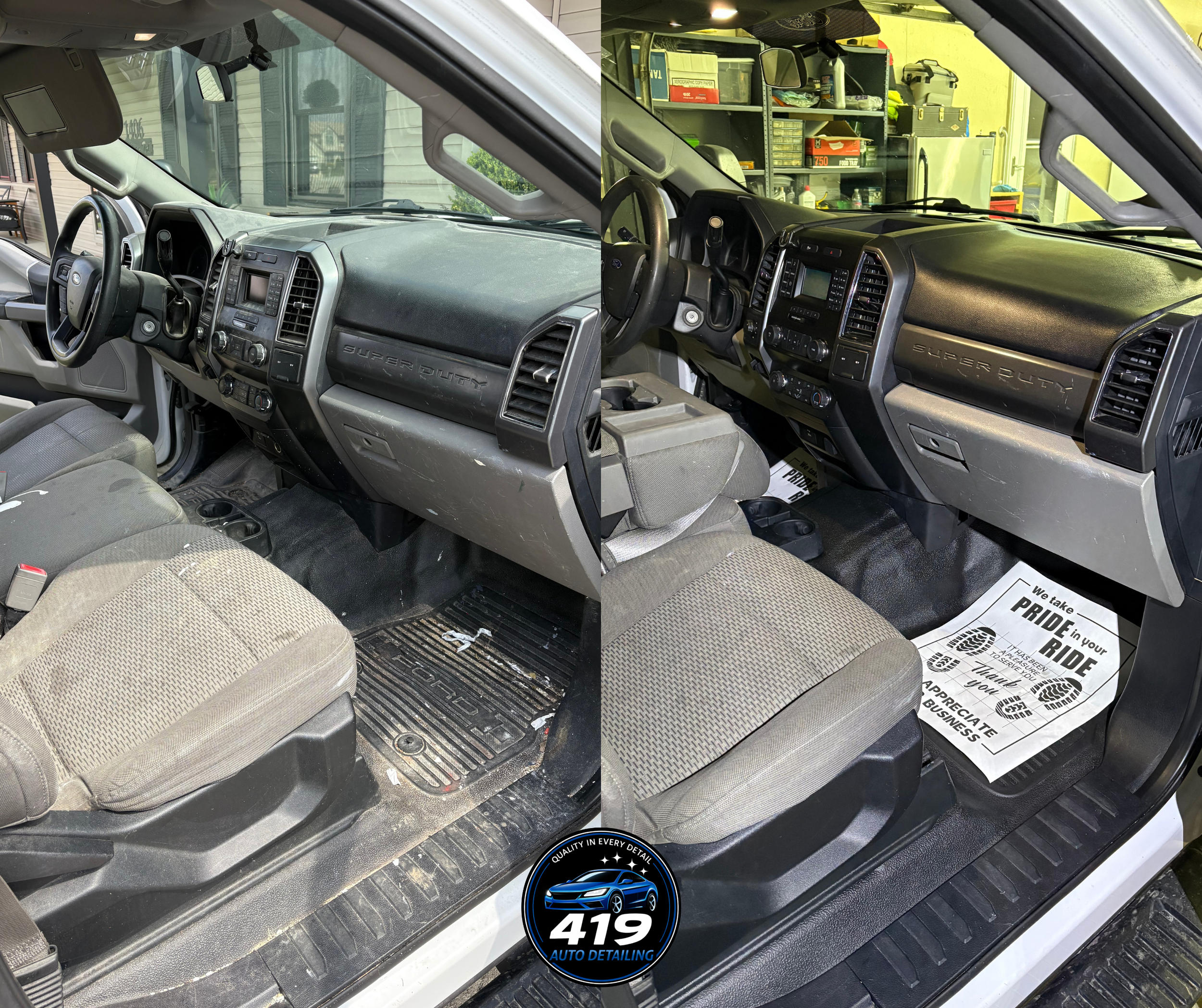 The interior of a pickup truck showing the front seats, dashboard, and steering wheel. The seats are beige with some signs of wear. The dashboard is black with various controls and vents. Outside the truck, a garage with shelves, tools, and storage b