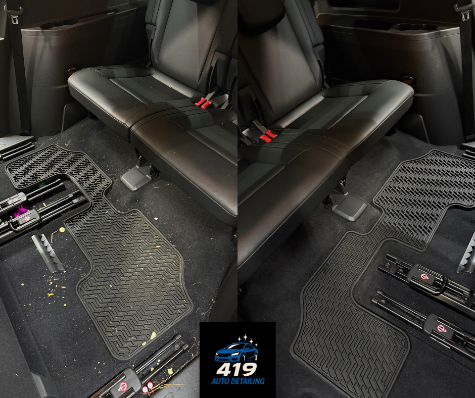 Side-by-side comparison of a car's back seat area before and after cleaning, showing floor mats and seats.