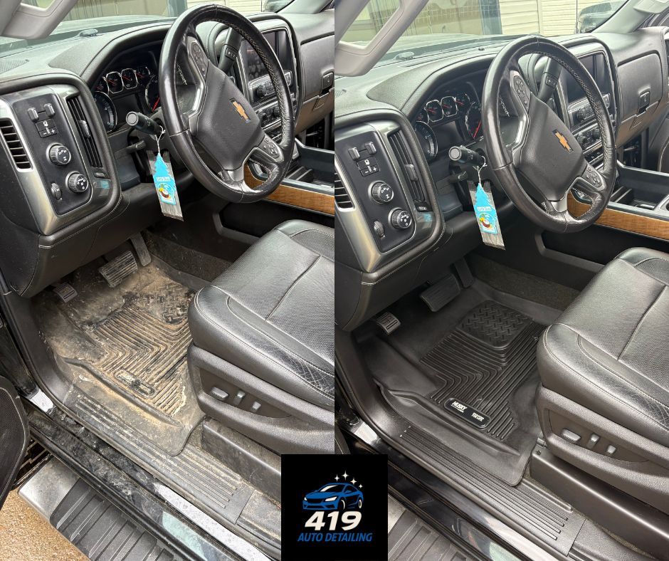 Comparison of a car interior showing the driver's side before and after cleaning, with a focus on the cleaned floor mats and dashboard.