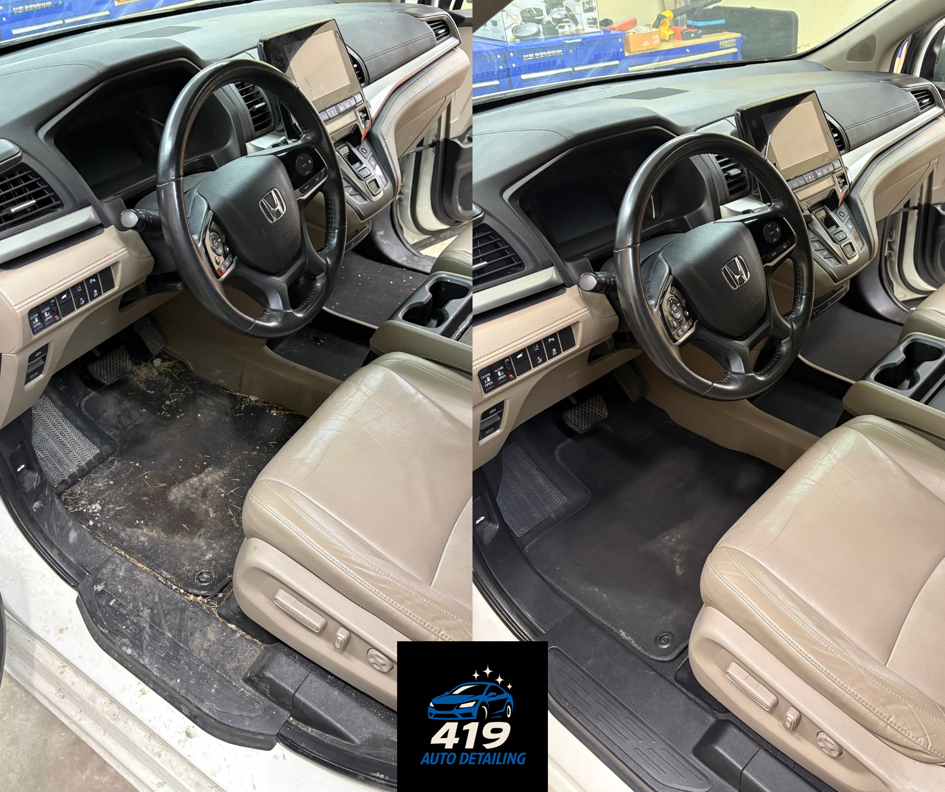 Comparison photo of a car interior before and after cleaning. The left side shows a dirty beige driver's seat and floor with dirt and mud, while the right side shows a clean, vacuumed seat and floor. The dashboard and steering wheel remain the same i