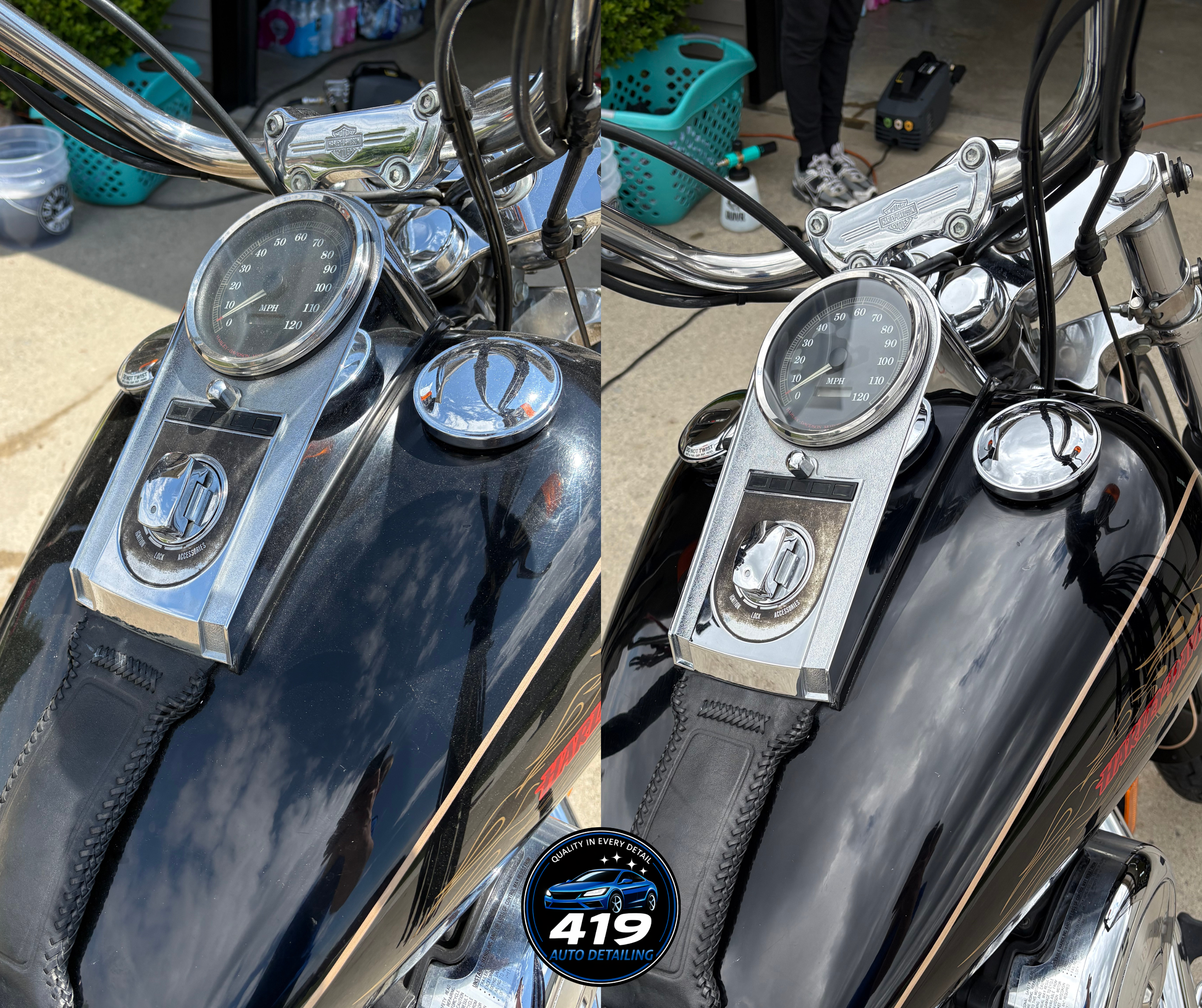 Close-up of two motorcycles with chrome handlebars and speedometers, set against a background of car detailing supplies and a person in black pants and sneakers.