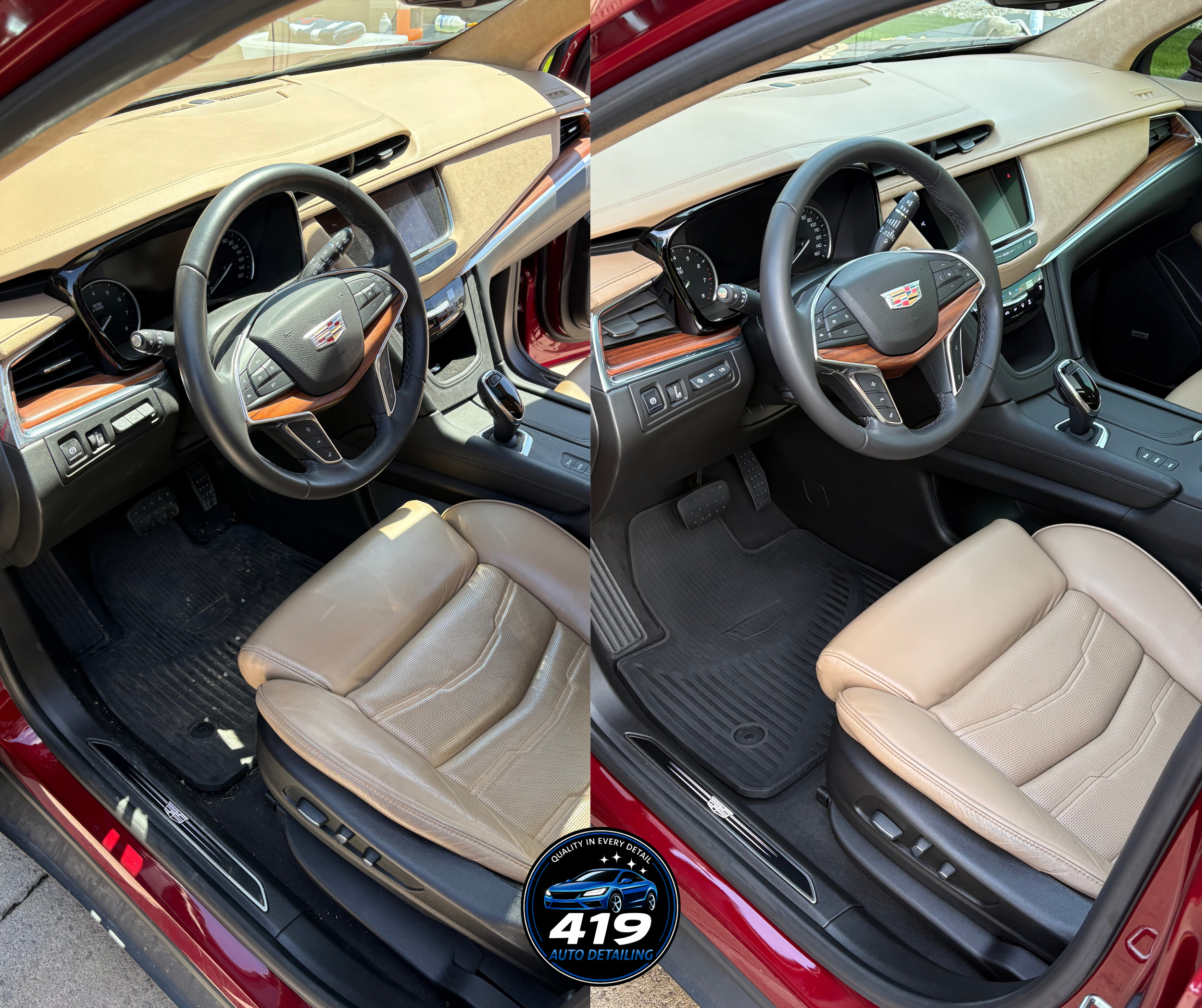 Side-by-side comparison of a car interior before and after cleaning, showing a tan leather seat and dashboard, with the before image on the left and the after image on the right. The car has a Cadillac logo on the steering wheel and a wooden trim on 