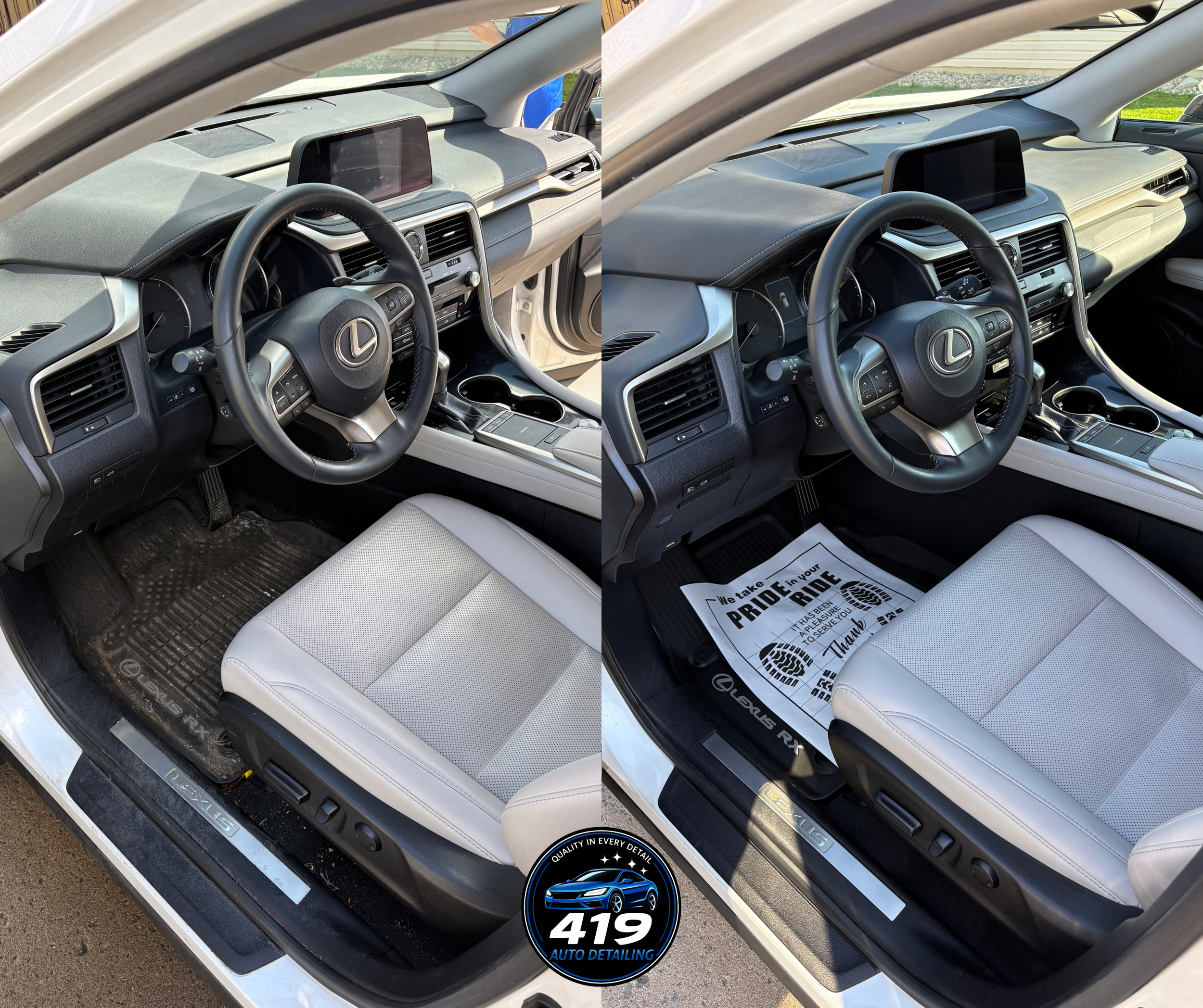 Interior of a Lexus vehicle, showing the dashboard, steering wheel, and front seats, with a car detailing service advertisement on the floor mat.
