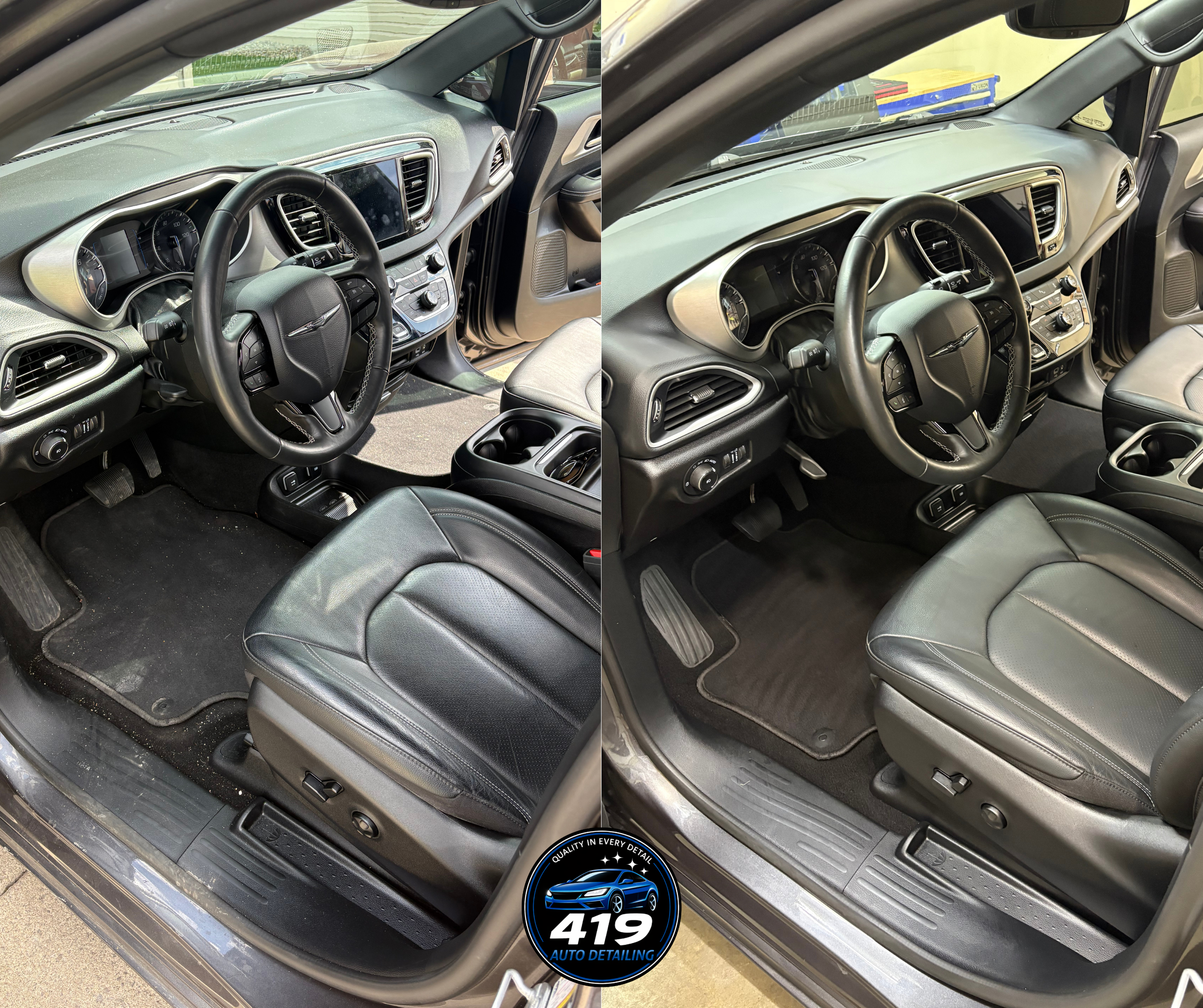 Interior of a car showing the dashboard, steering wheel, and front seats, with the driver's side door open. The car has a modern design with a touchscreen display, circular air vents, and various controls on the center console. The seats are black, a