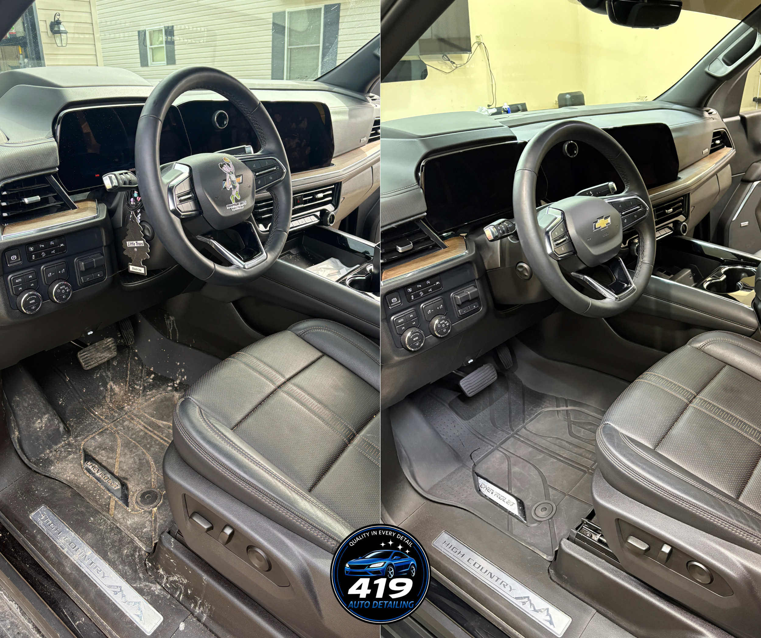 Side-by-side comparison of a vehicle interior before and after cleaning; the left side shows a dusty, dirty vehicle floor with visible dirt and debris, while the right side shows a clean, spotless vehicle floor; both images highlight the vehicle's da