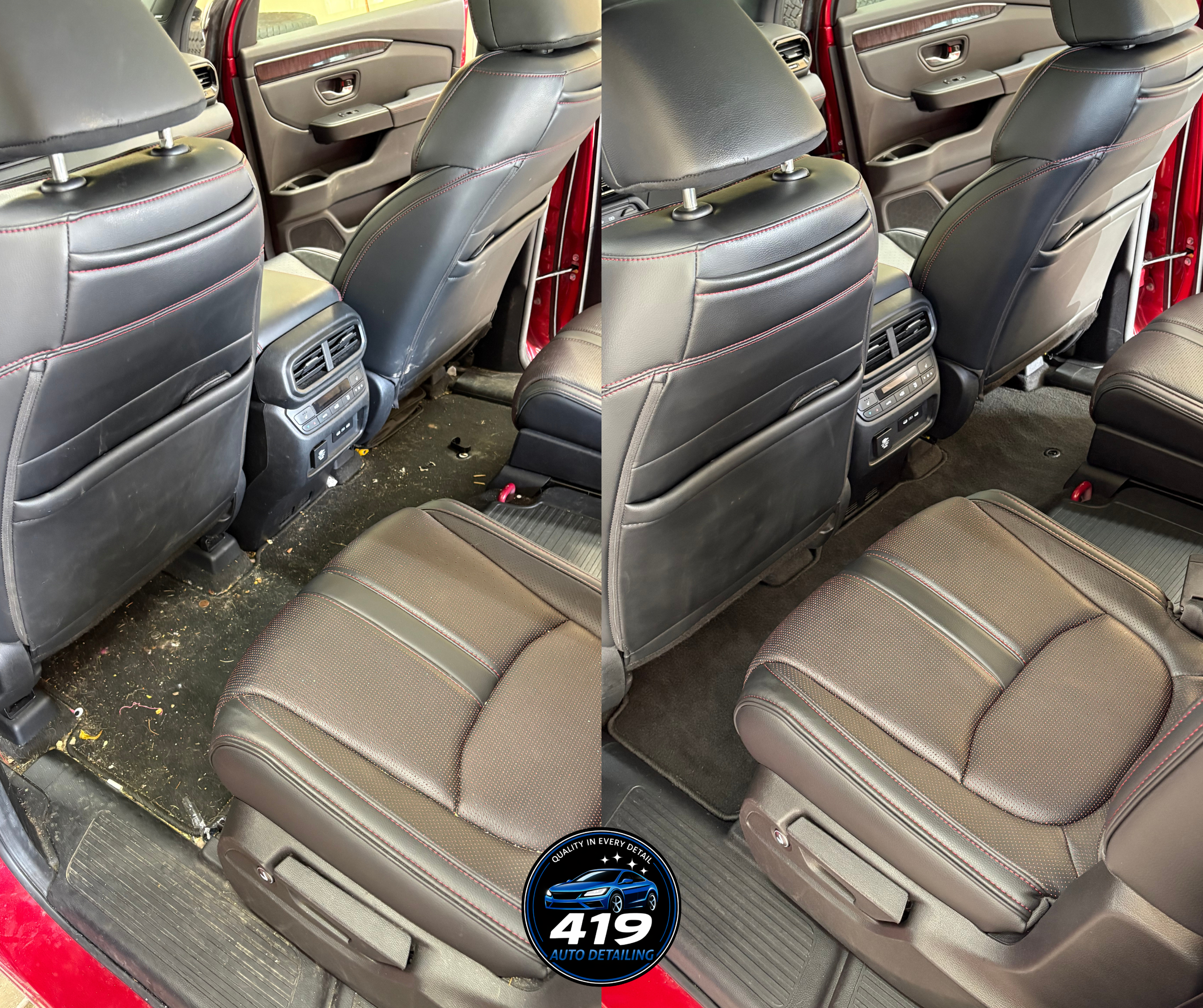 Inside view of the back of a red car showing black leather seats with red stitching, rear climate vents, and a decal that says "419 Auto Detailing" with a stylized car graphic.