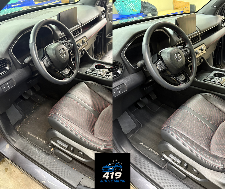 Side-by-side comparison of the interior of a Honda vehicle before and after professional cleaning, showing the driver's side with the dashboard, steering wheel, seat, and floor mats.