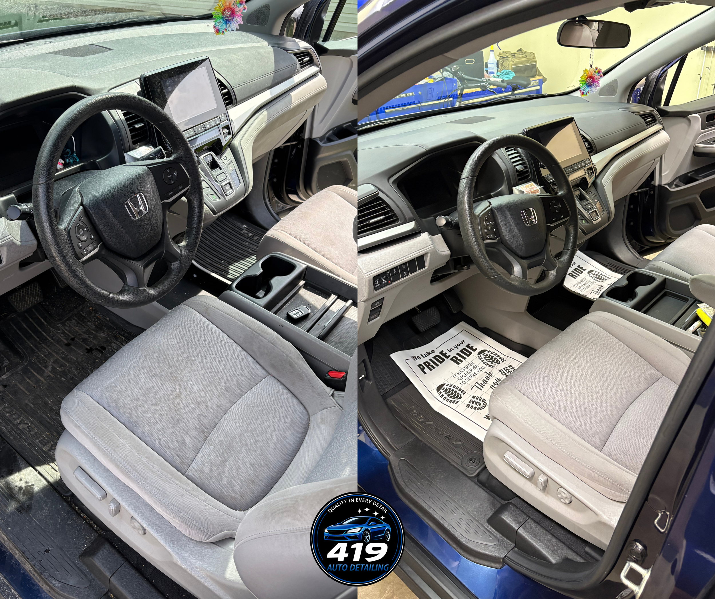 Side-by-side comparison of the interior of a Honda minivan before and after cleaning, showing cleaner seats, dashboard, and floor mats.