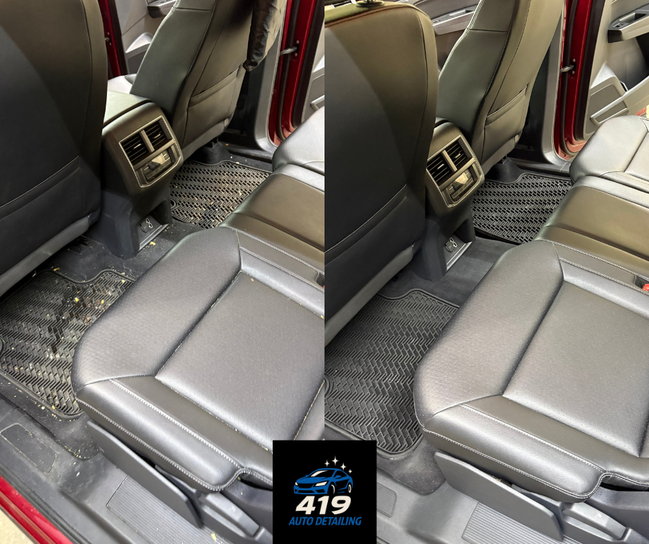 Comparison of car interior before and after cleaning, showing cleaner floor mats and seats on the right side after detailing.