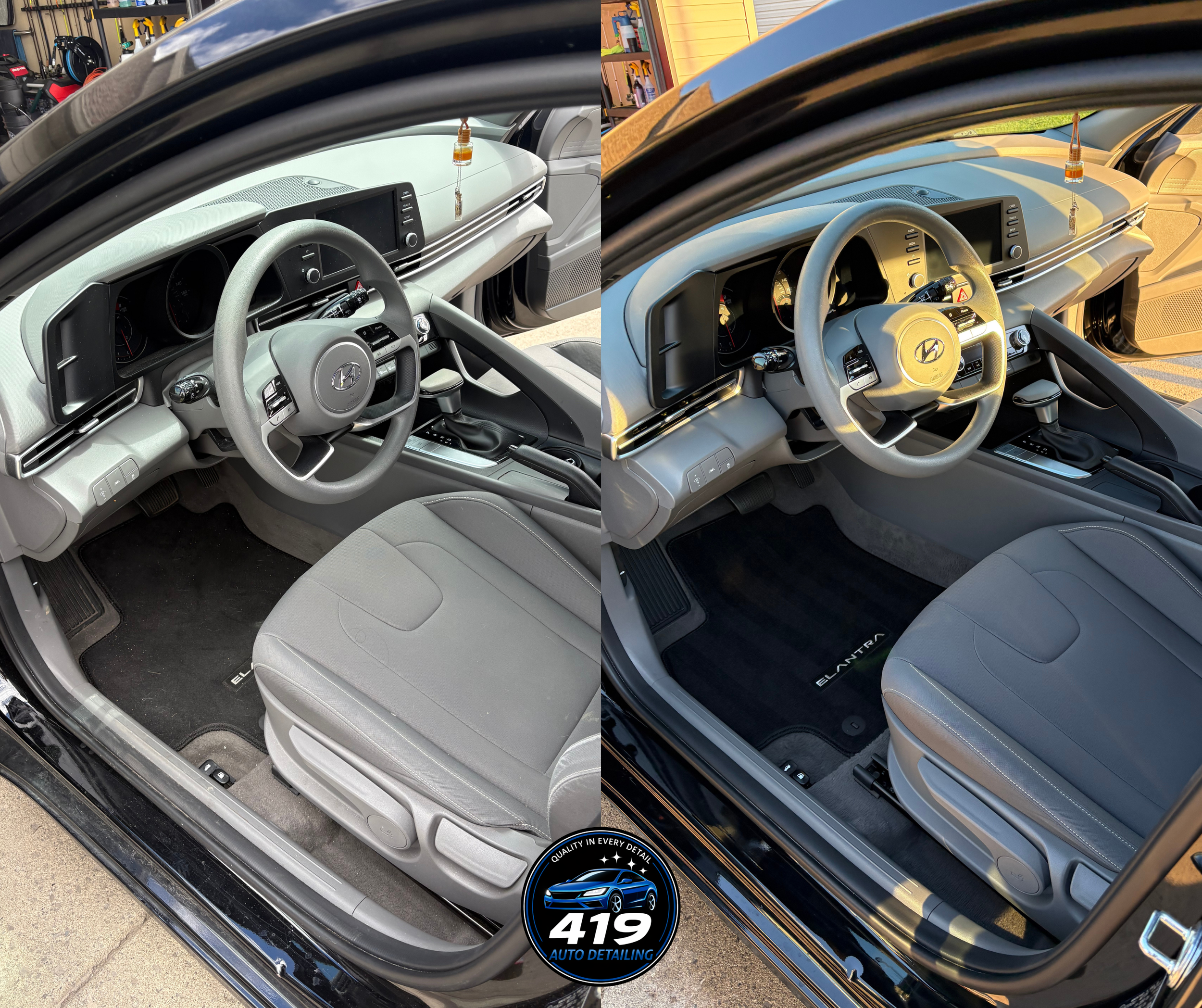 Close-up of a car's interior showing the dashboard, steering wheel, and front seats, with a focus on the digital display and controls. The background shows a garage or workshop. There is a logo at the bottom right that reads "419 Auto Detailing" and 