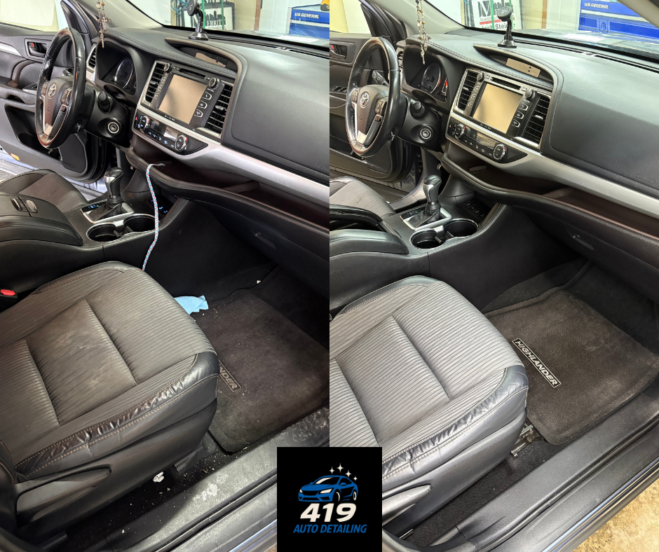 Comparison of a car interior before and after cleaning, featuring the dashboard, steering wheel, and front seats, with the before showing dirt on the floor mat.