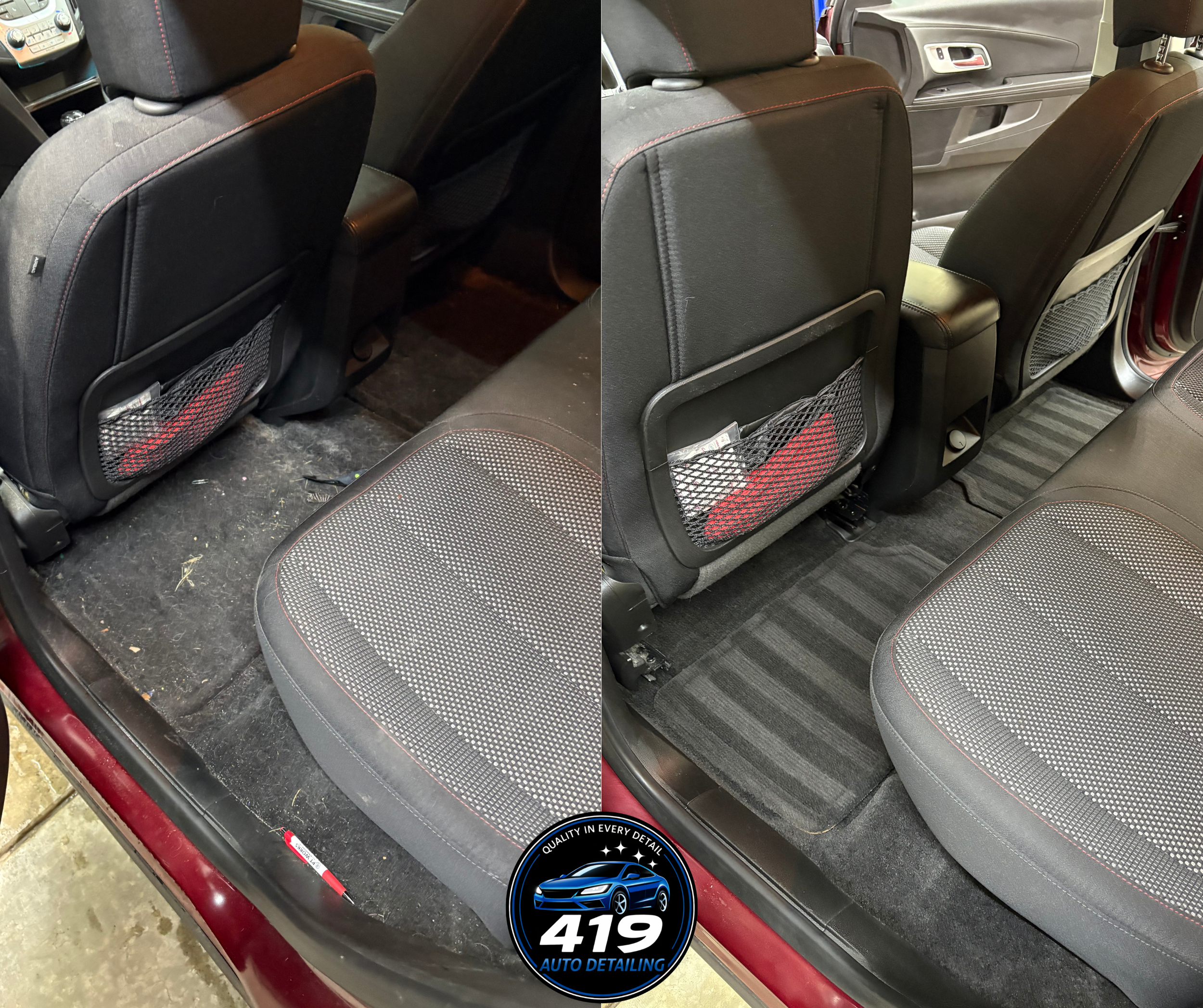 Comparison of the back seats of a car before and after cleaning; the left side shows a dirty seat with debris and grime, the right side shows a clean seat with a tidy floor and an improved appearance.