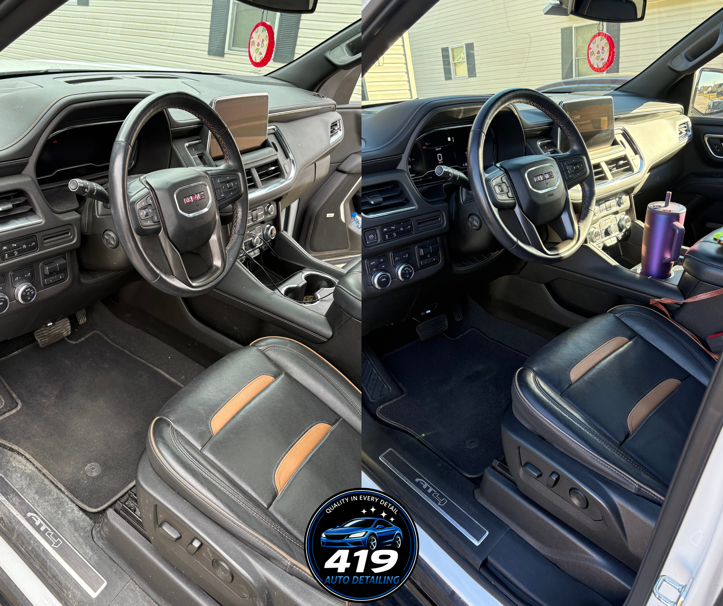 Comparison of the interior of two GMC vehicles, showing different steering wheels, dashboards, and front seats, with the logo of 419 Auto Detailing at the bottom center.