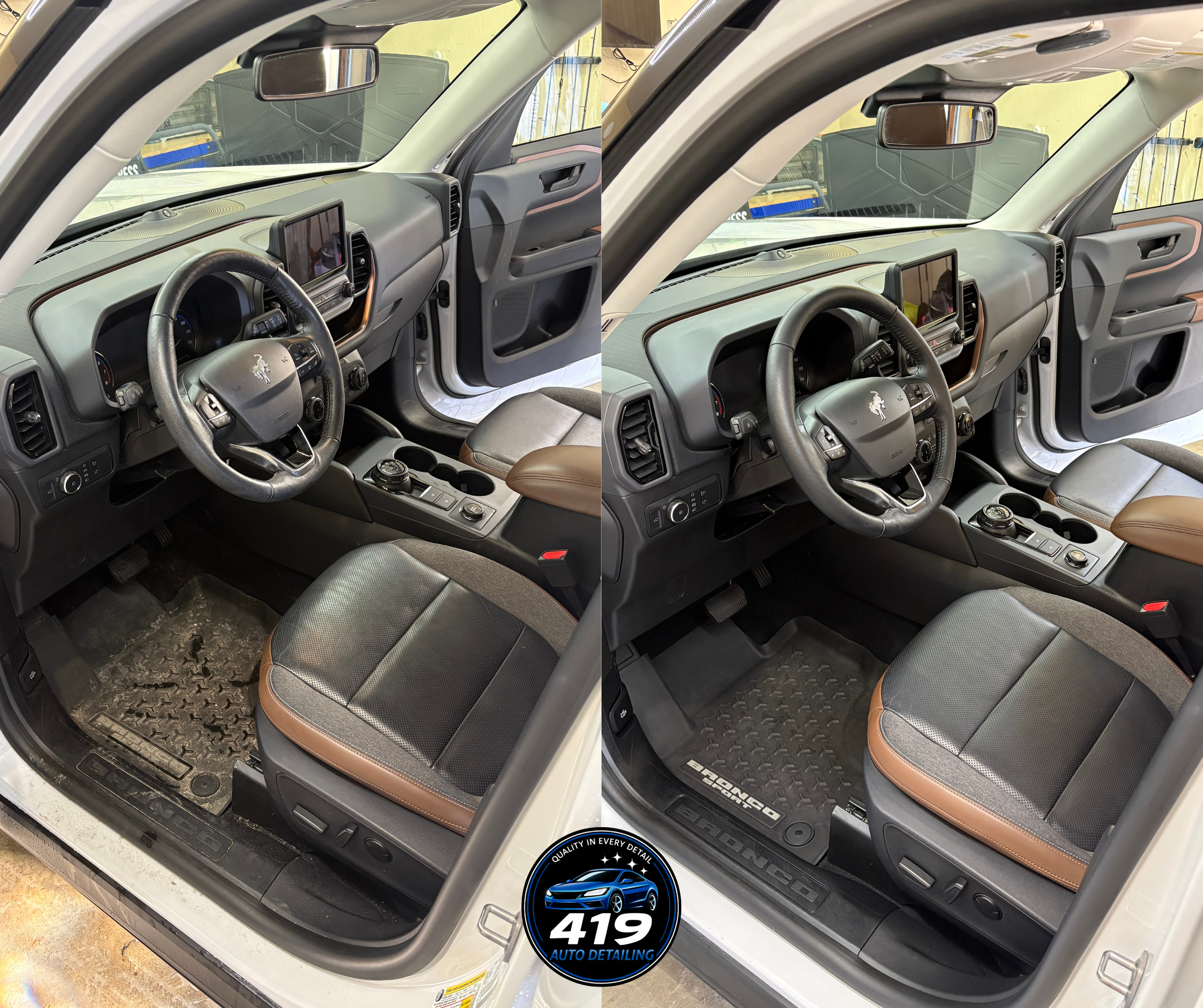 The interior of a white Ford Bronco vehicle, showing the dashboard, steering wheel, and front passenger seat with seat cover, in a garage or repair shop.