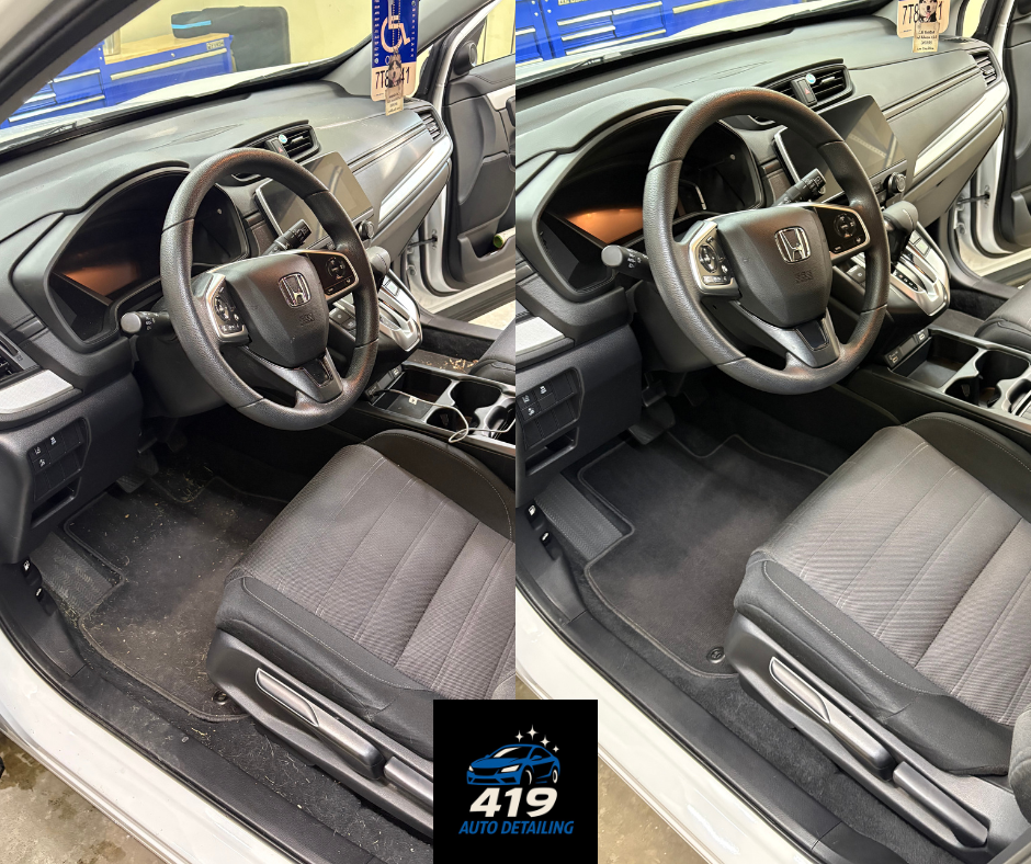 Comparison of the front interior of a Honda vehicle before and after cleaning. The left side shows a dirty floor with dirt and debris, while the right side shows a clean floor. The steering wheel and dashboard are visible in both images.