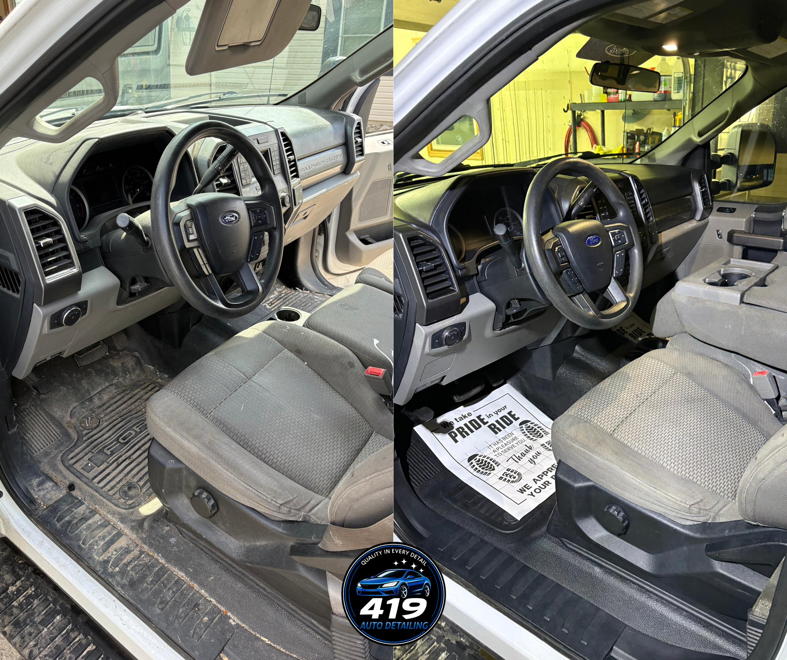 Interior of a Ford F-250 pickup truck with a clean dashboard, steering wheel, and driver's seat, showing minor wear on the floor mat.