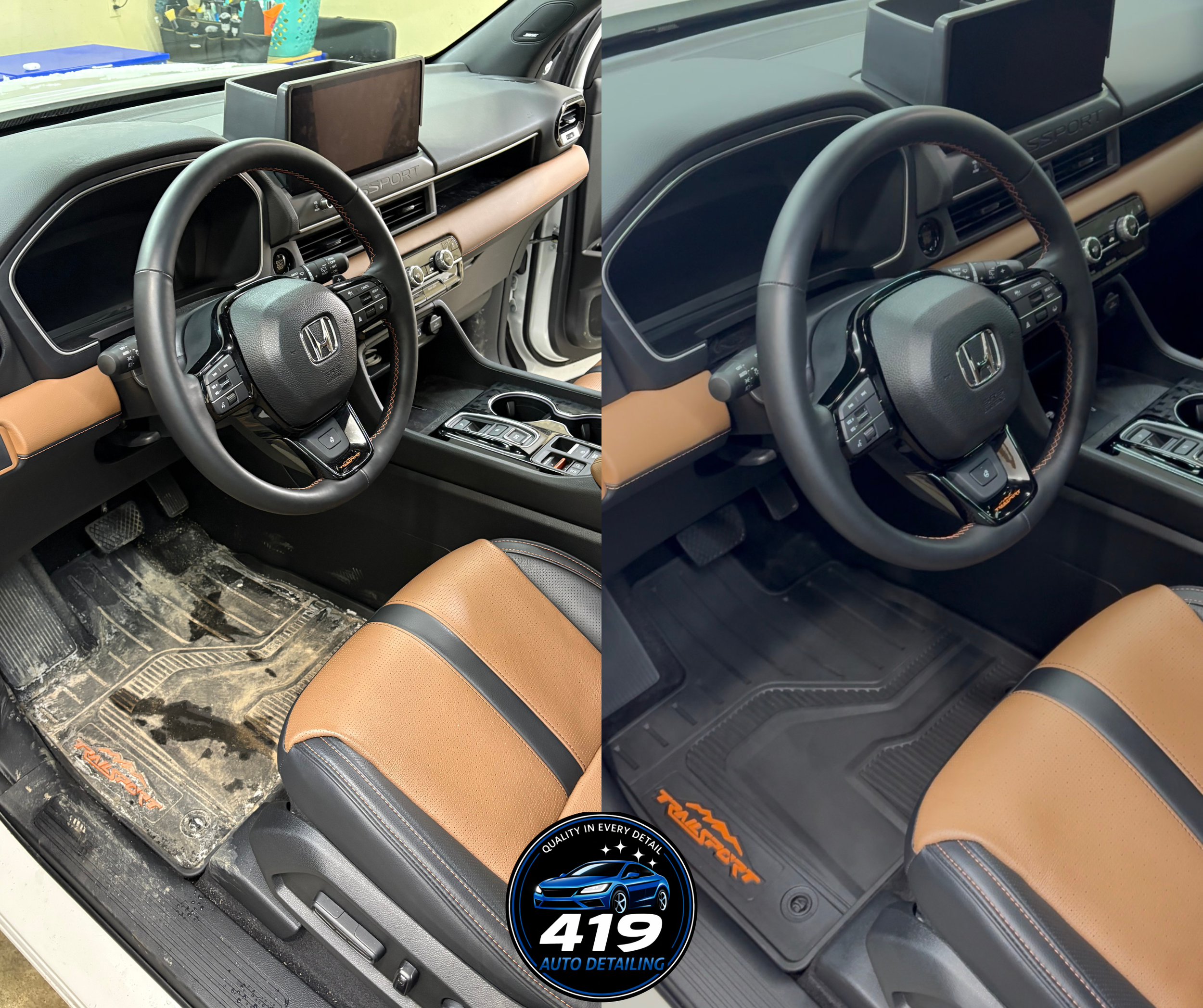 Side-by-side comparison of a car interior before and after detailing, showing a clean dashboard, steering wheel, and floor mats with the logo '419 Auto Detailing'.