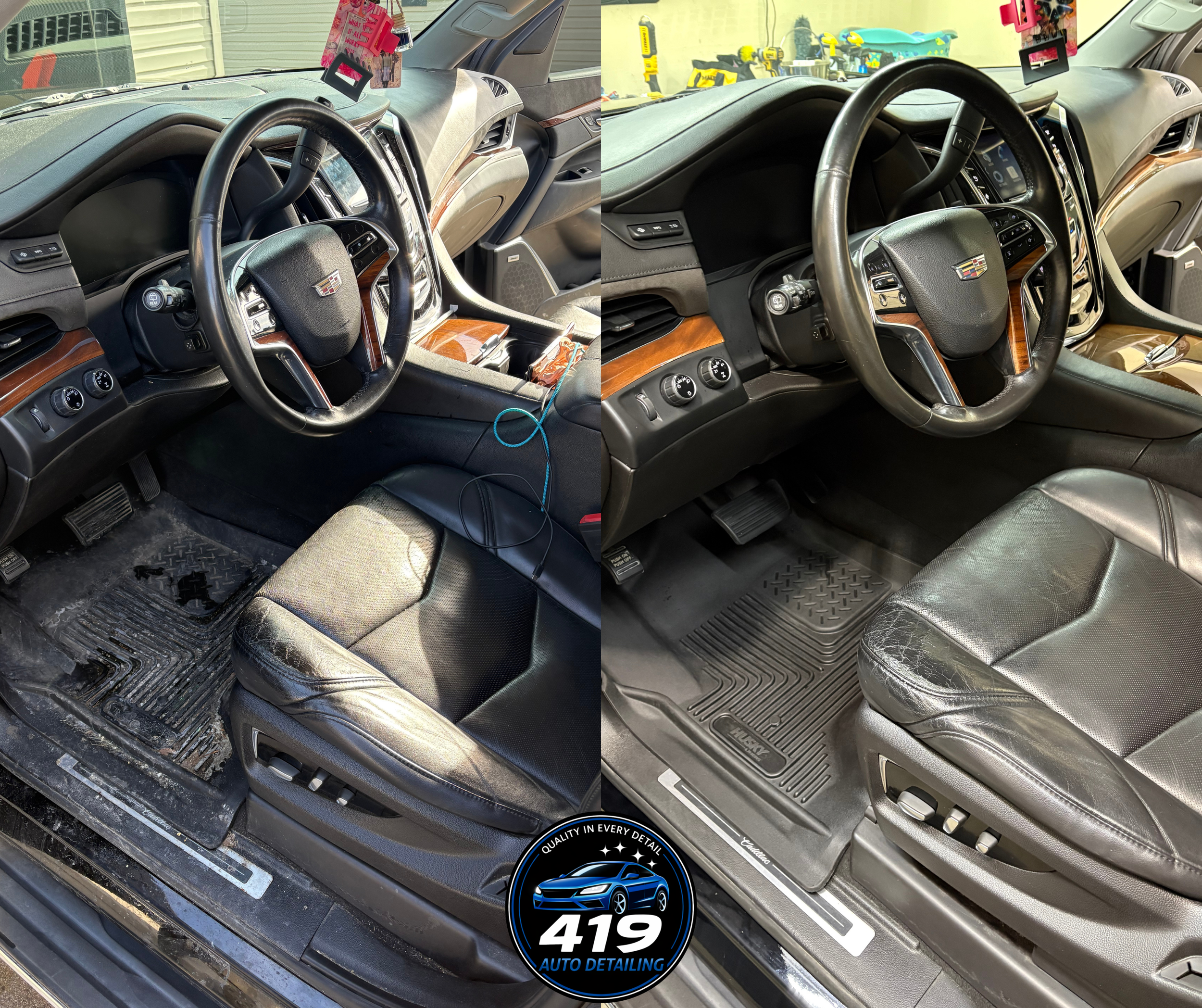 Before and after images of a car interior detailing. The left side shows a dirty car floor with worn-out mats, while the right side shows a clean, vacuumed, and well-maintained car floor with new or cleaned mats.