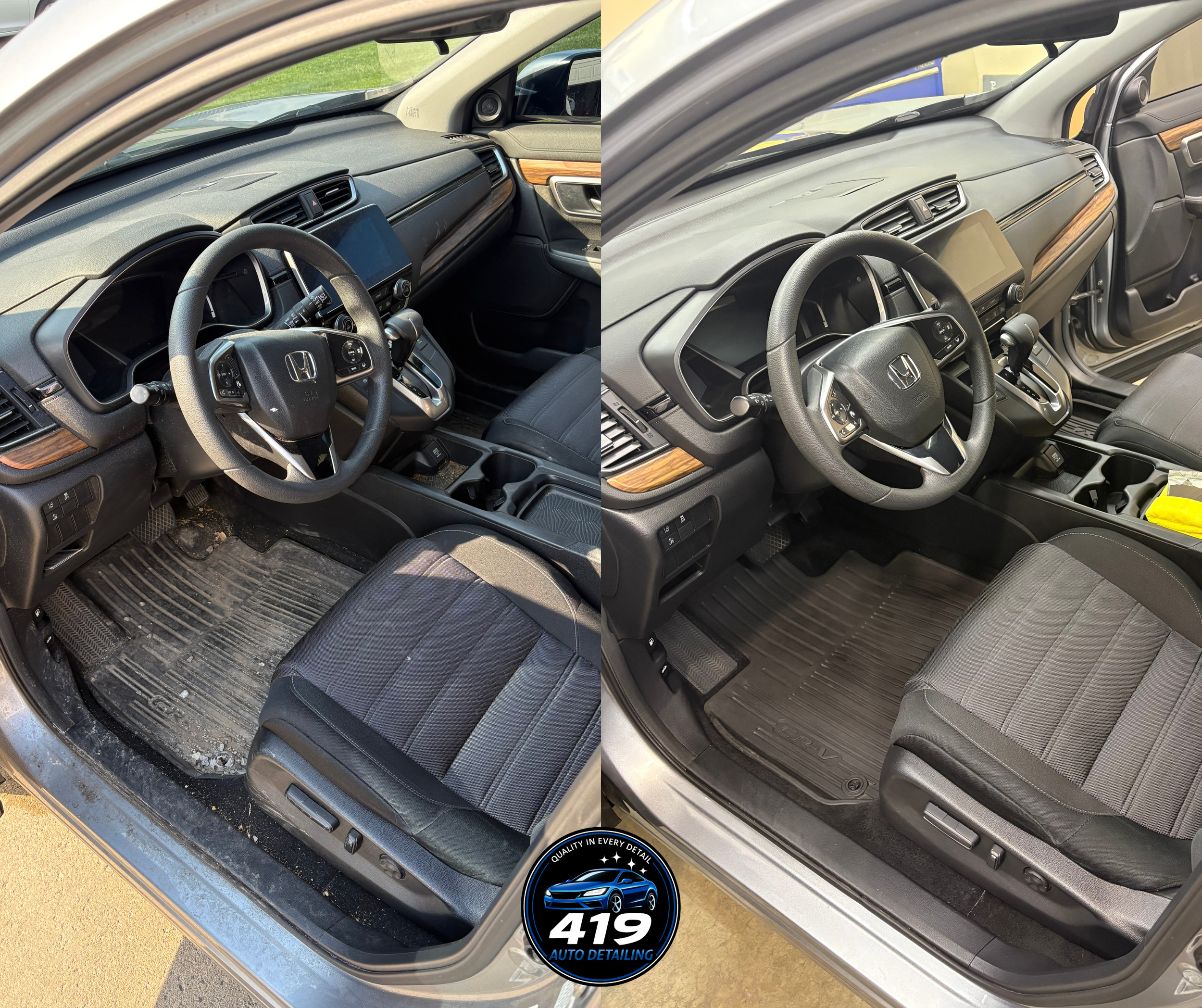 The interior of a Honda CR-V, showcasing the dashboard, steering wheel, and front seats, with wood trim accents and a touchscreen display.