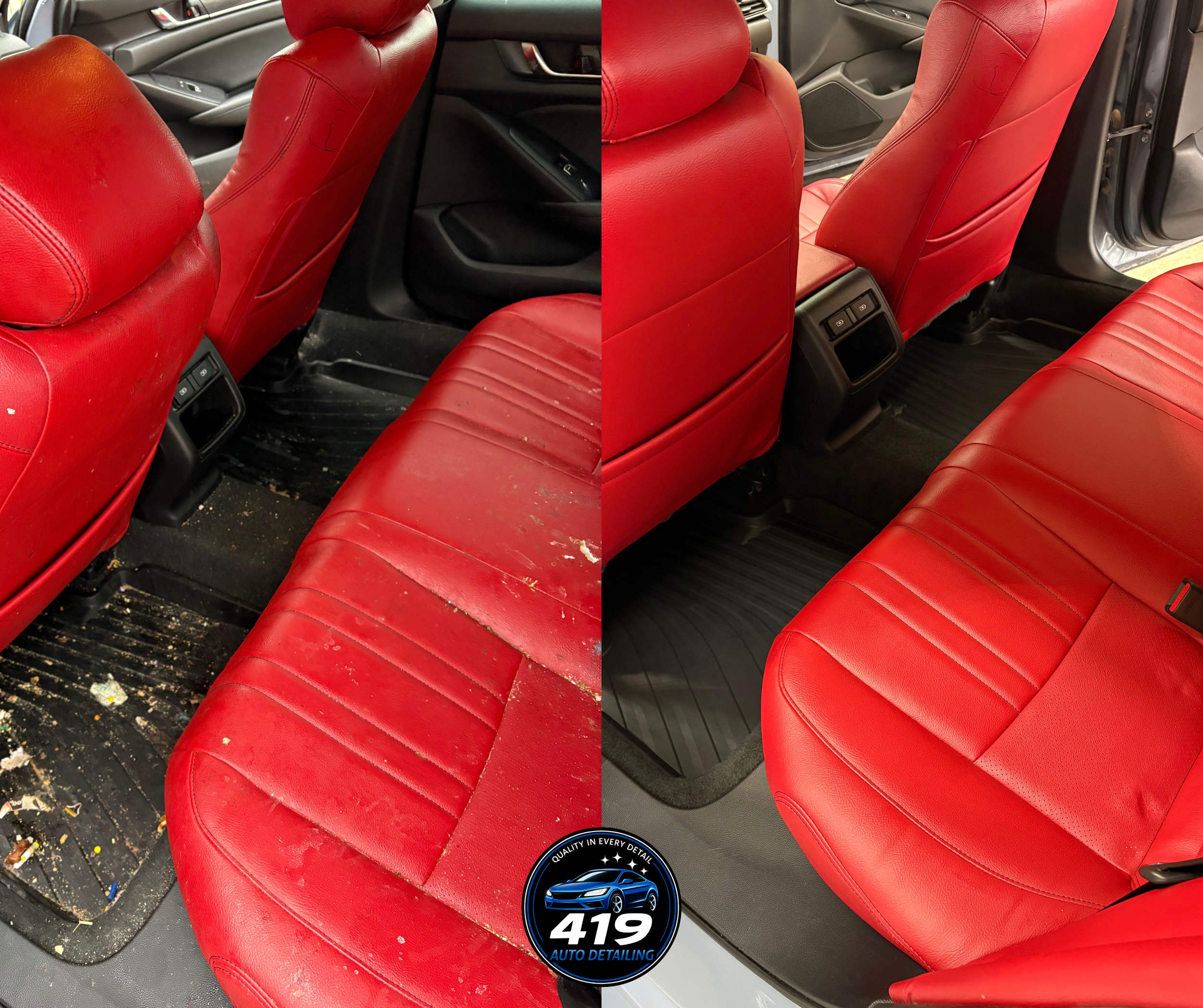 Comparison of car interior seats before and after cleaning, showing dirty red leather seats on the left and clean, new-looking red leather seats on the right.