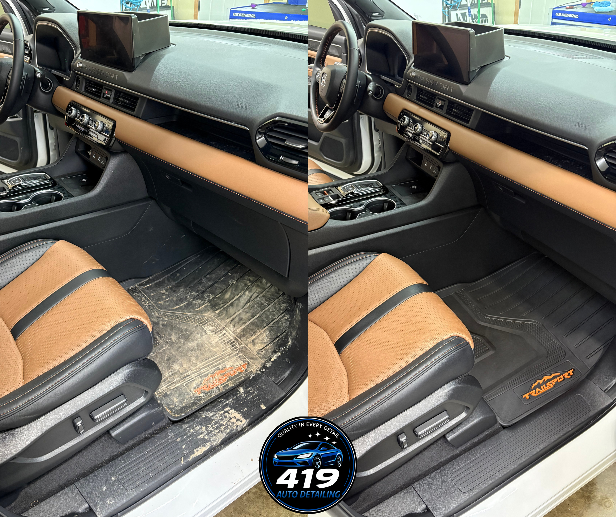 Side-by-side comparison of a vehicle's interior before and after cleaning, showing the front passenger side floor area with dirt and mud in the before image and a clean mat in the after image, featuring the logo '419 Auto Detailing' at the bottom cen