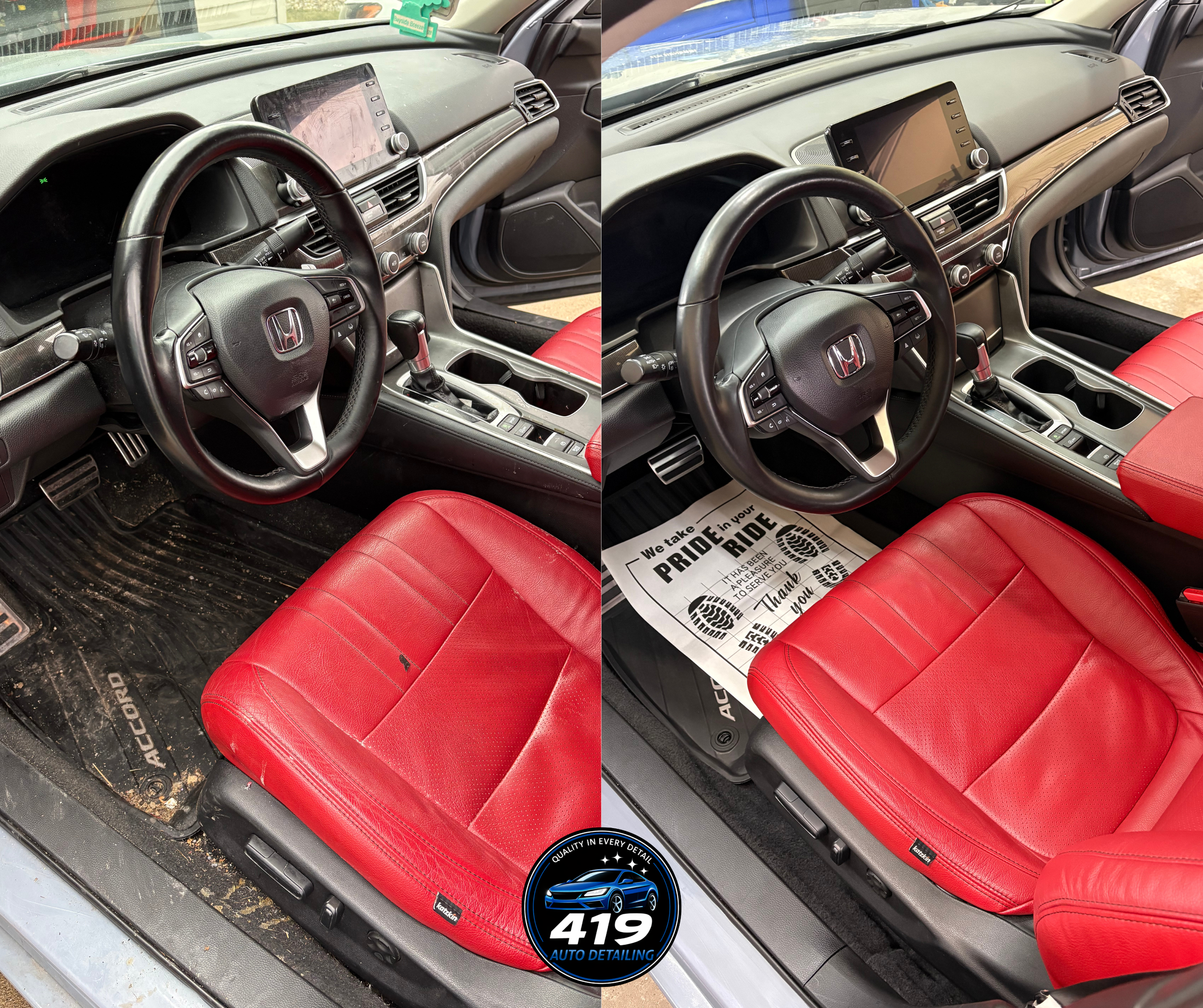 Side-by-side comparison of a vehicle interior before and after cleaning. The left side shows a dusty and dirty car seat and floor, while the right side shows a clean car seat and floor with a newspaper underneath the seat. The dashboard and steering 