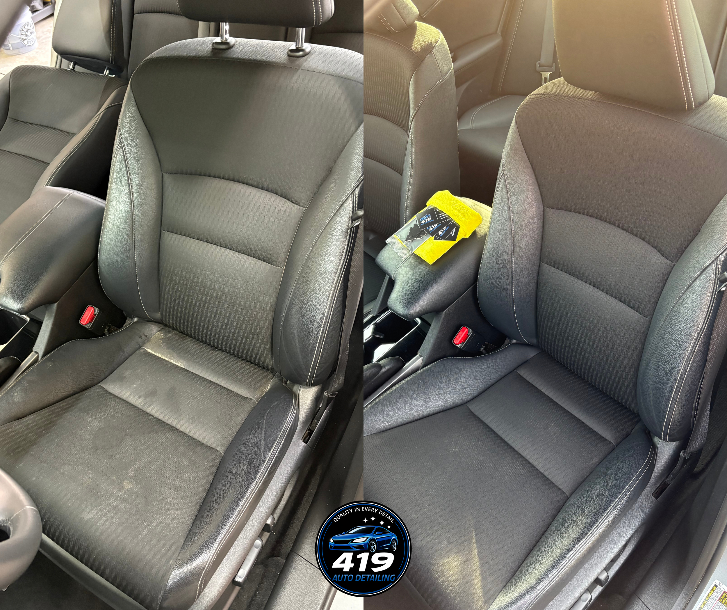 Comparison of car seats before and after cleaning. The left seat is dirty and stained, while the right seat is clean and spotless.