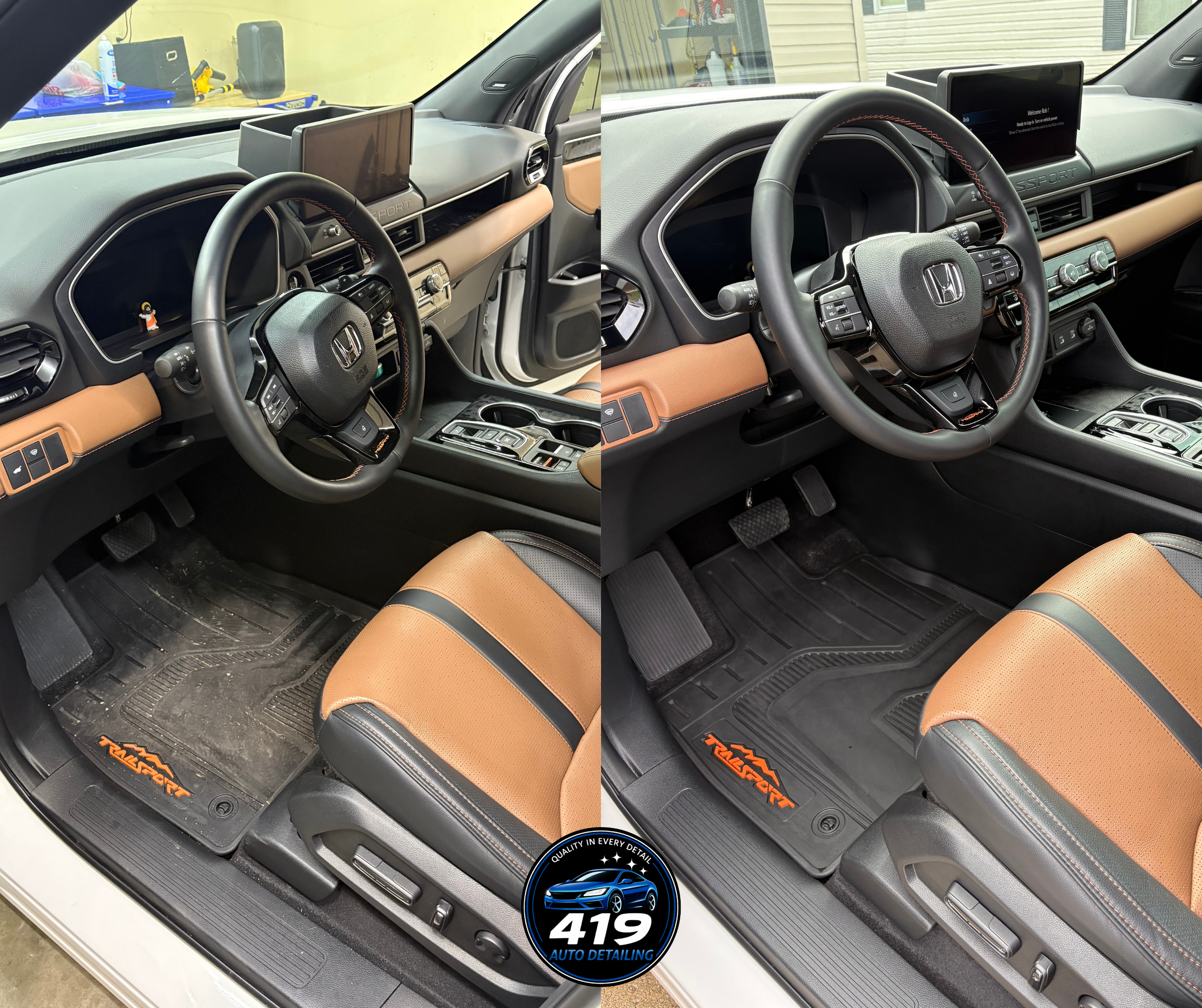 Side-by-side comparison of a car interior before and after cleaning, showing the driver’s side with a clean dashboard, steering wheel, brown and black seat, and a floor mat that is cleaner, with a logo reading '419 Auto Detailing' at the bottom cente