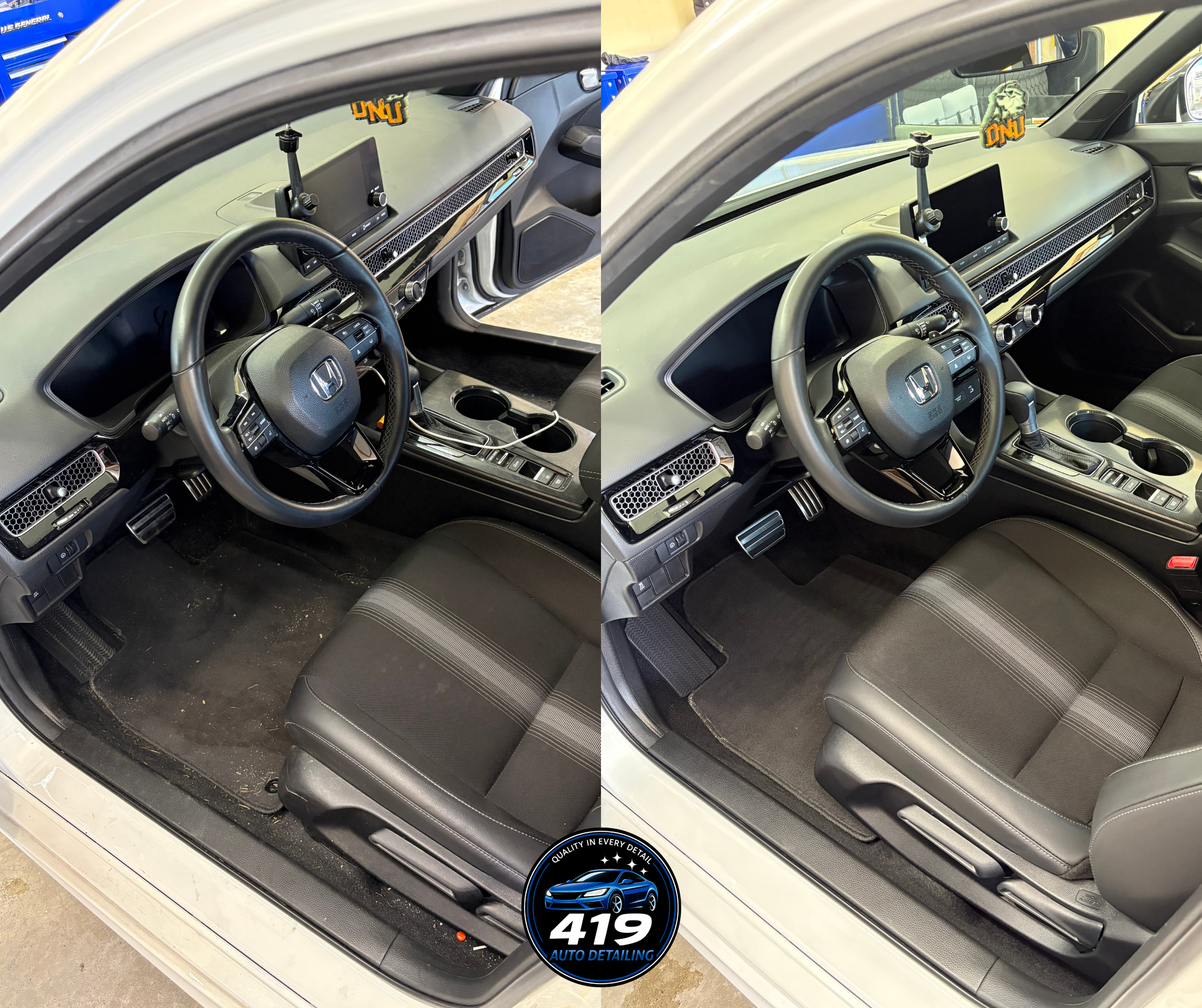 The interior of a vehicle showing the dashboard, steering wheel, and front seats, with a focus on the center console and infotainment system.