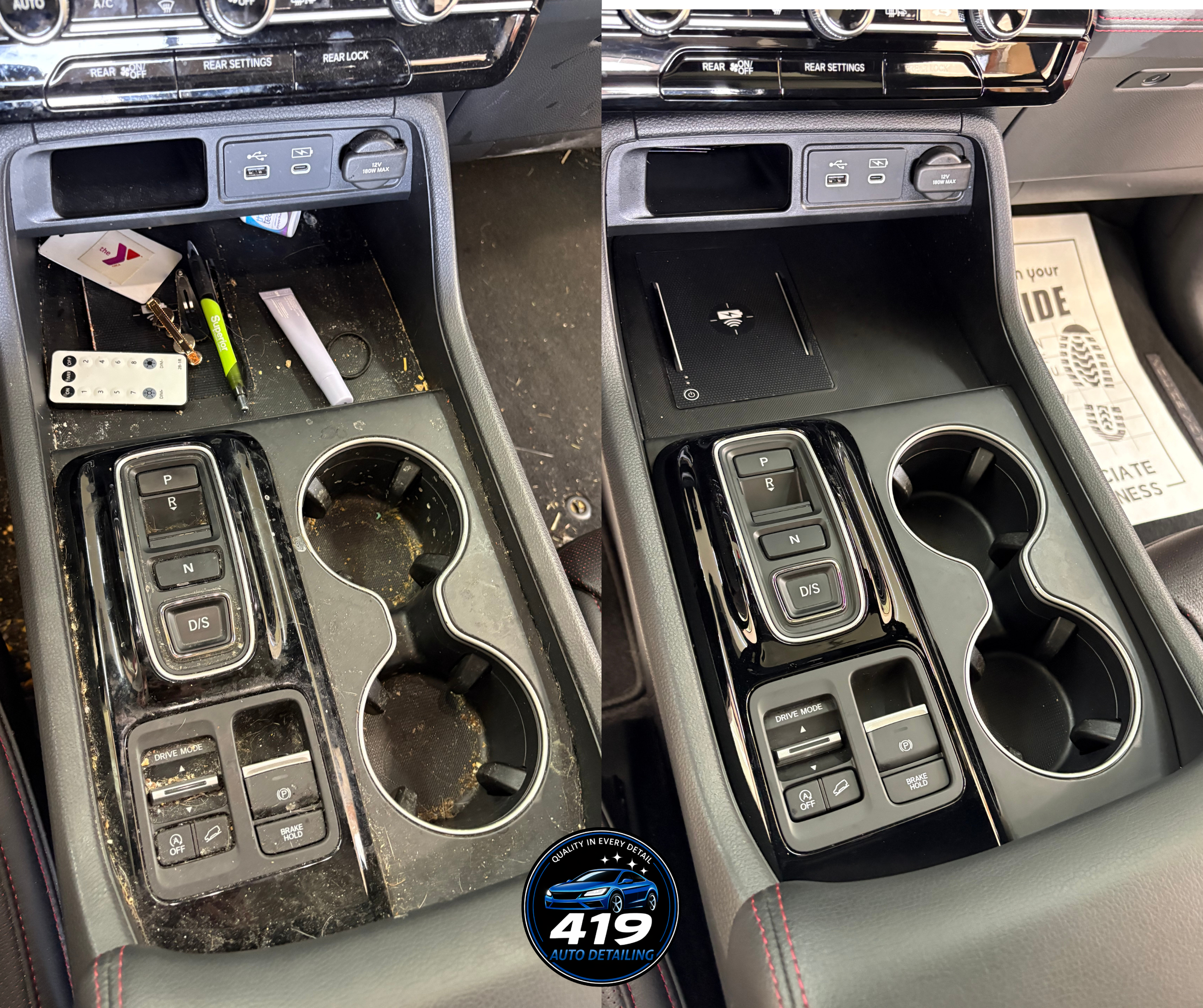 Comparison of two car dashboard consoles, showing clutter and dust on the left side and a clean, organized surface on the right side.