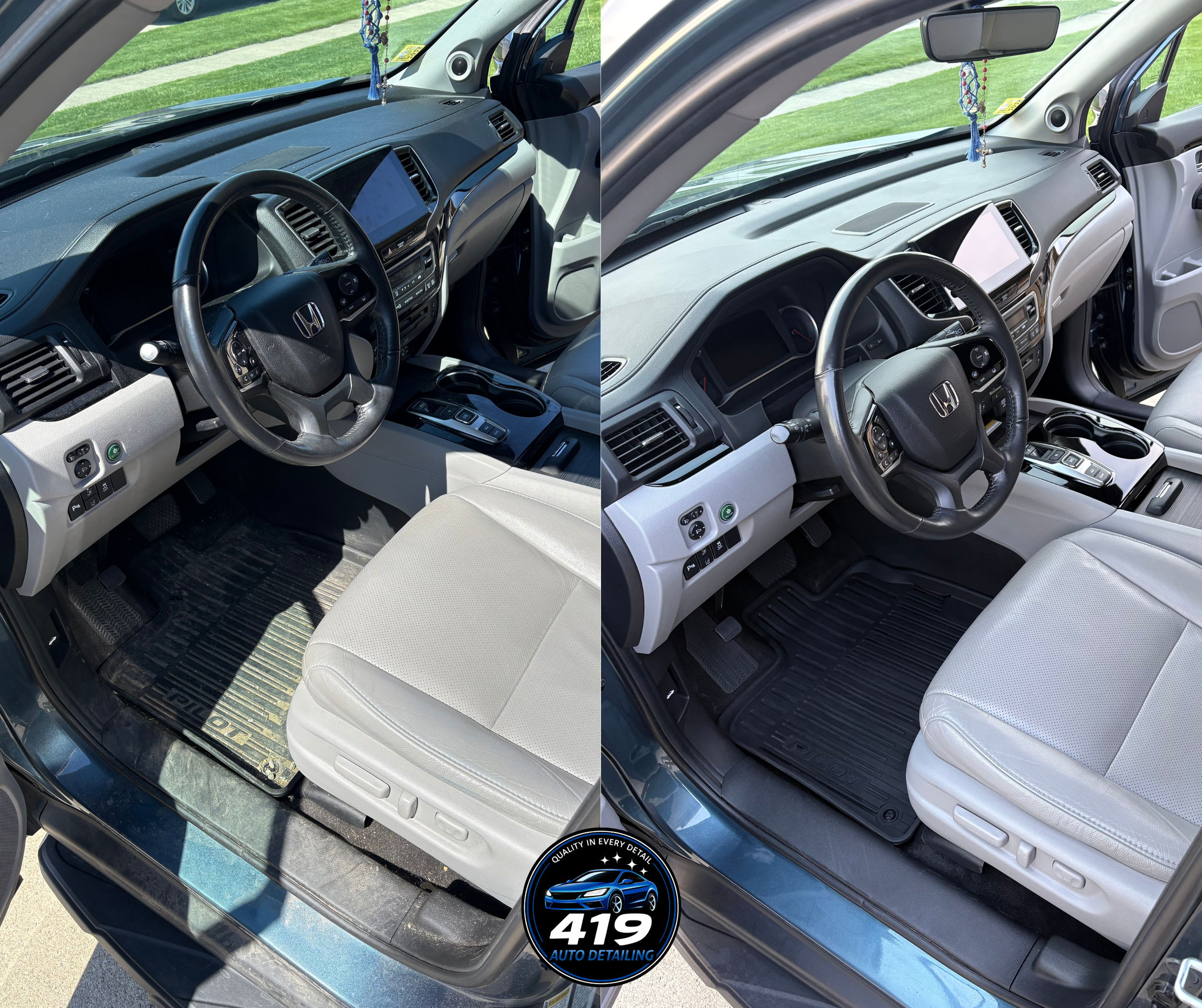 Interior of a Honda vehicle with beige seats, steering wheel, dashboard, and entertainment system, captured from the driver's side looking towards the passenger side, with a grassy area and blue sky visible outside.