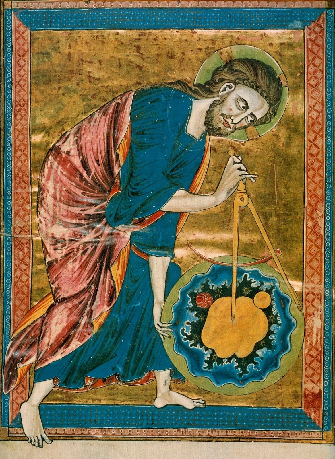 Ein religiöses Gemälde, das Jesus Christus zeigt, der einen Geographietisch mit einer Weltkarte oder einem Sternbild benutzt.